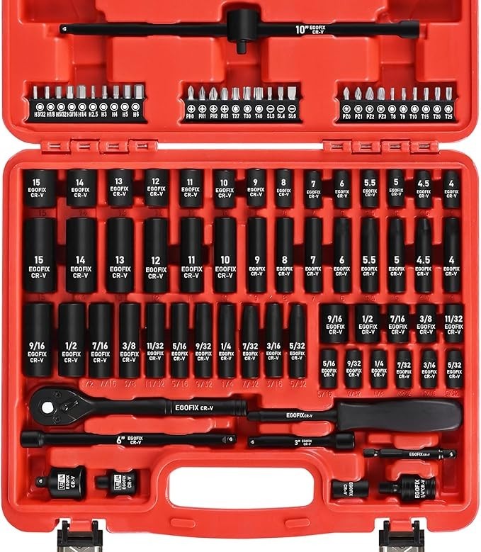 1/4 Inch Drive Impact Socket Set 90 Piece Metric SAE Ratchet Bit Kit for