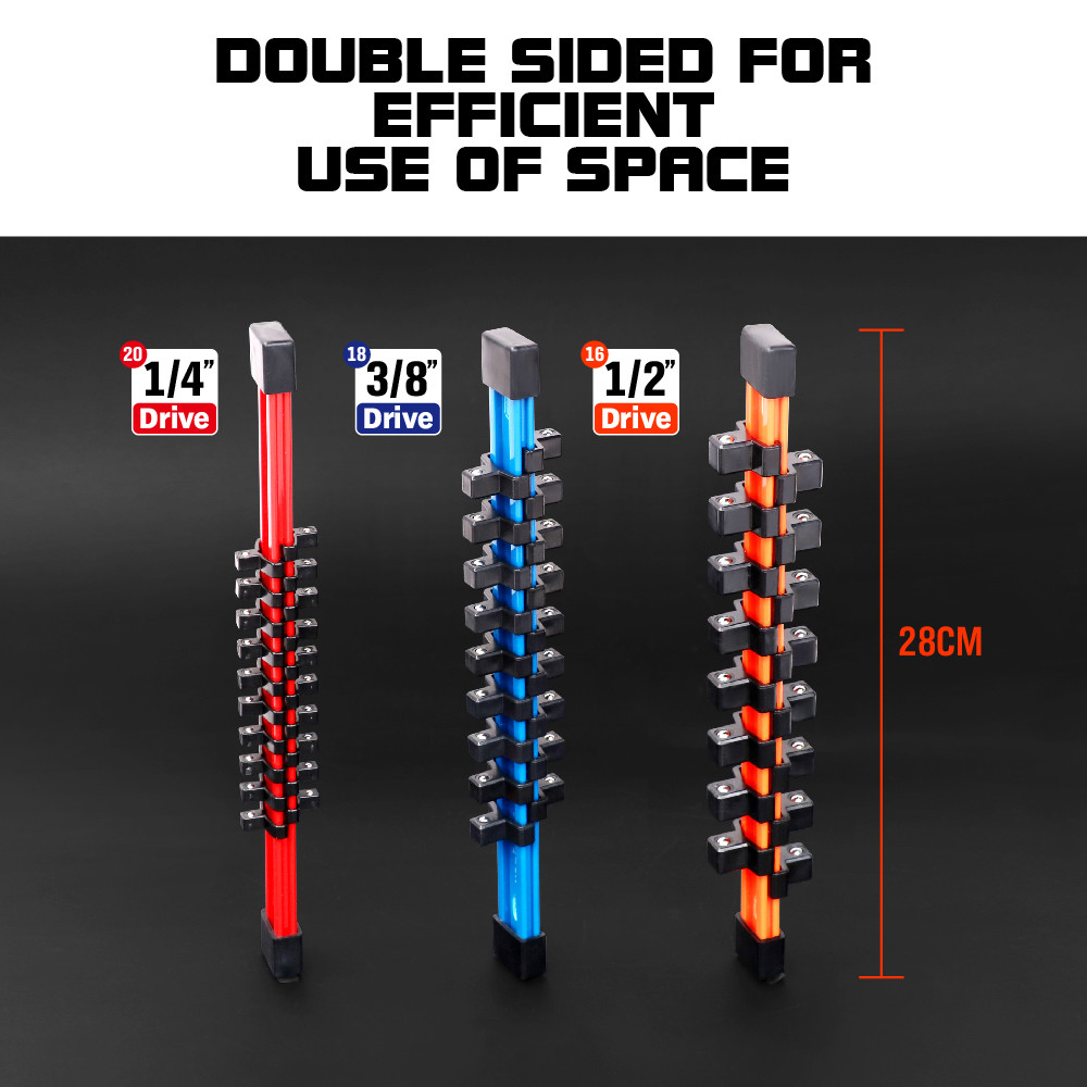 3pc Socket Organizer | 1/4 3/8 1/2″ Mountable Sliding Holder Rail Tool Storage