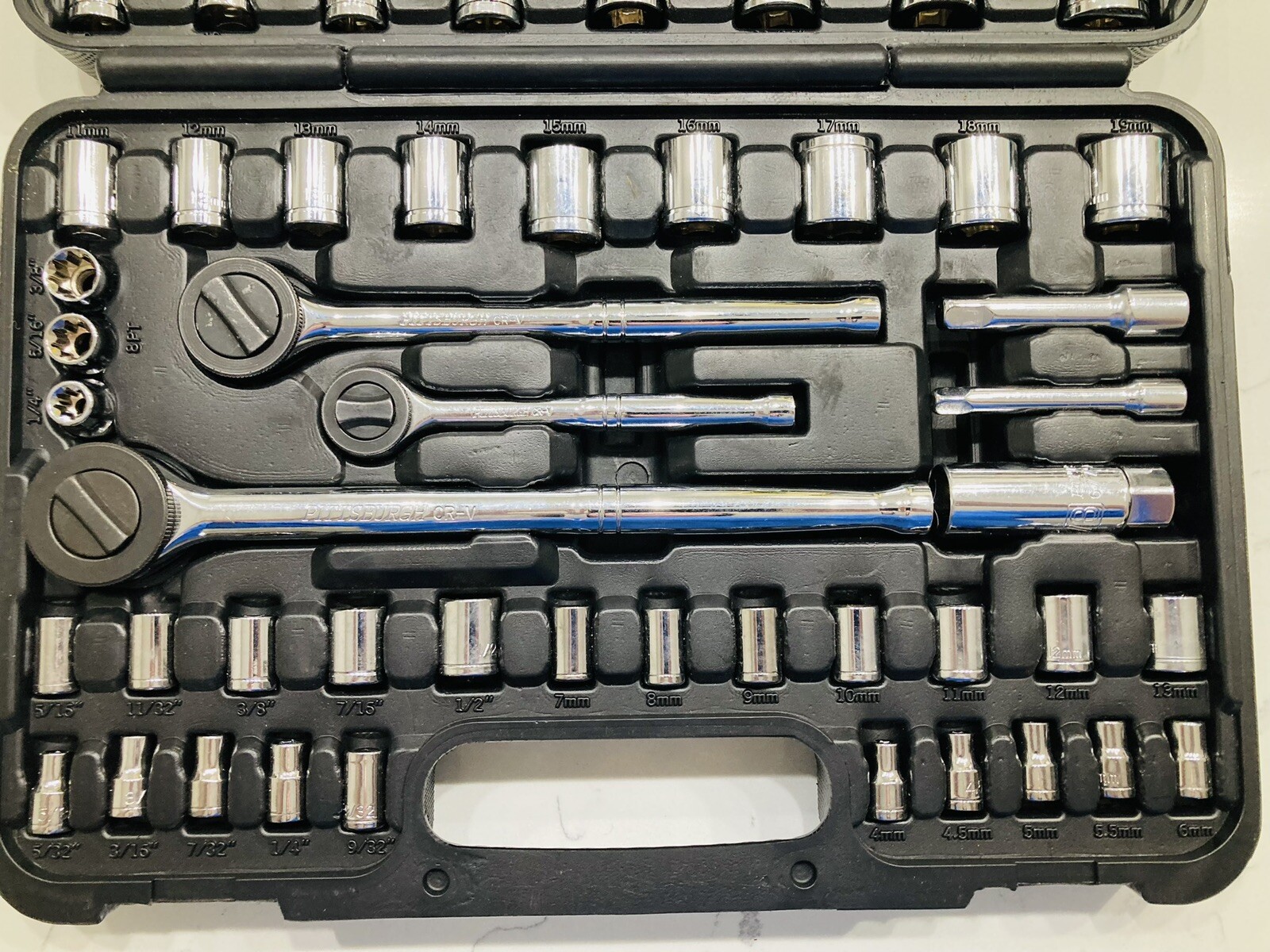 PITTSBURGH 1/4 in., 3/8 in., and 1/2 in. Drive Socket Set, 64-Piece