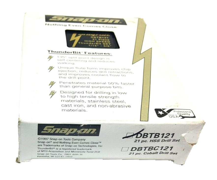 New Snap-on™ DBTB121 Jobber Length THUNDERBIT® High Speed Steel 21 bits