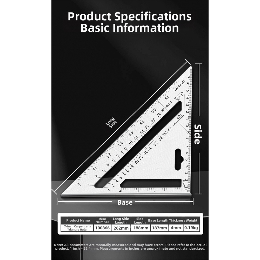 Woodworking Triangle Ruler 7 Inch Aluminum Alloy 45 90 Degree Angle Tool