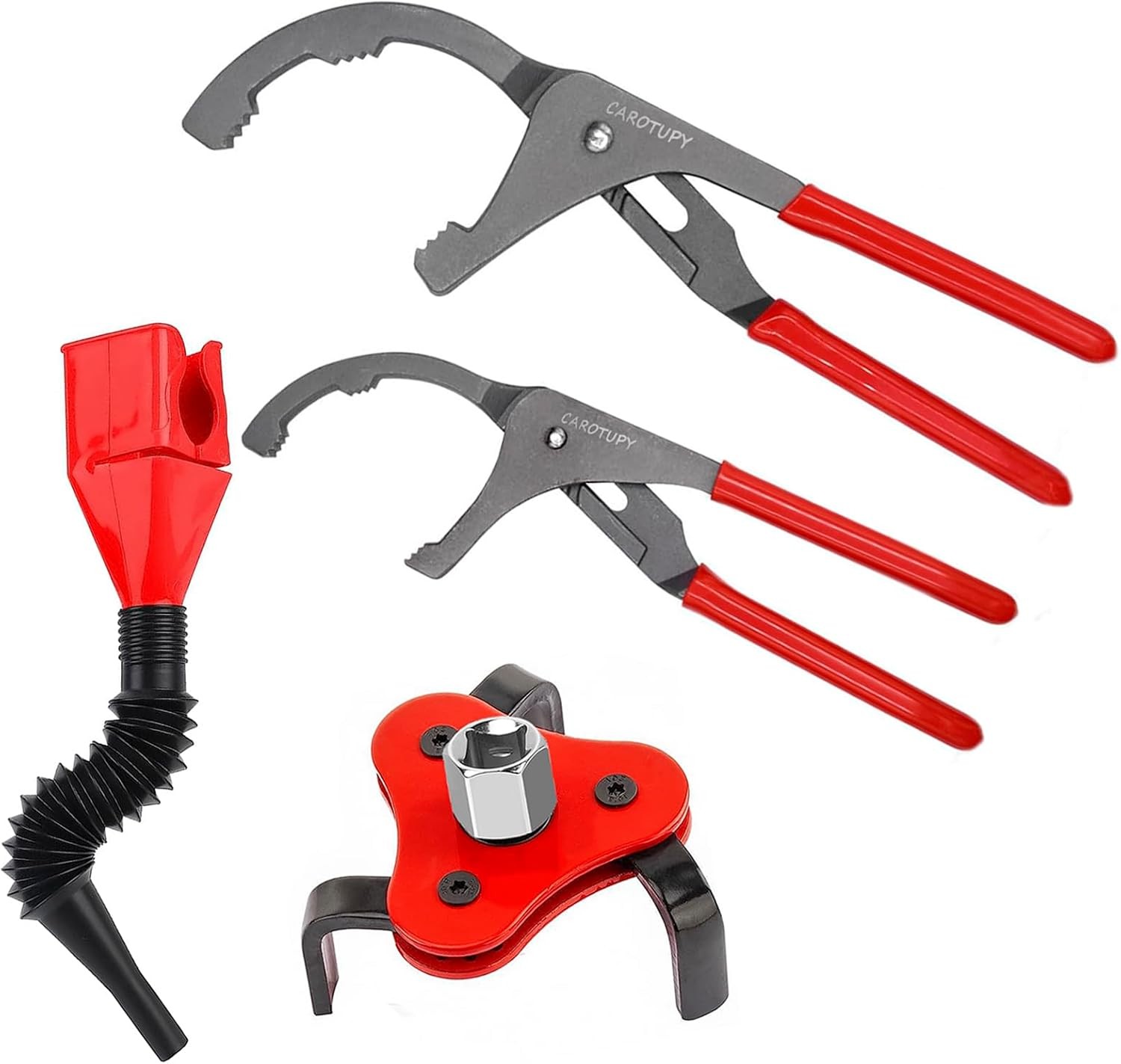4-Piece Oil Filter Pliers Set 3-Jaw Wrench 9″ and 12″ Pliers Snap Funnel
