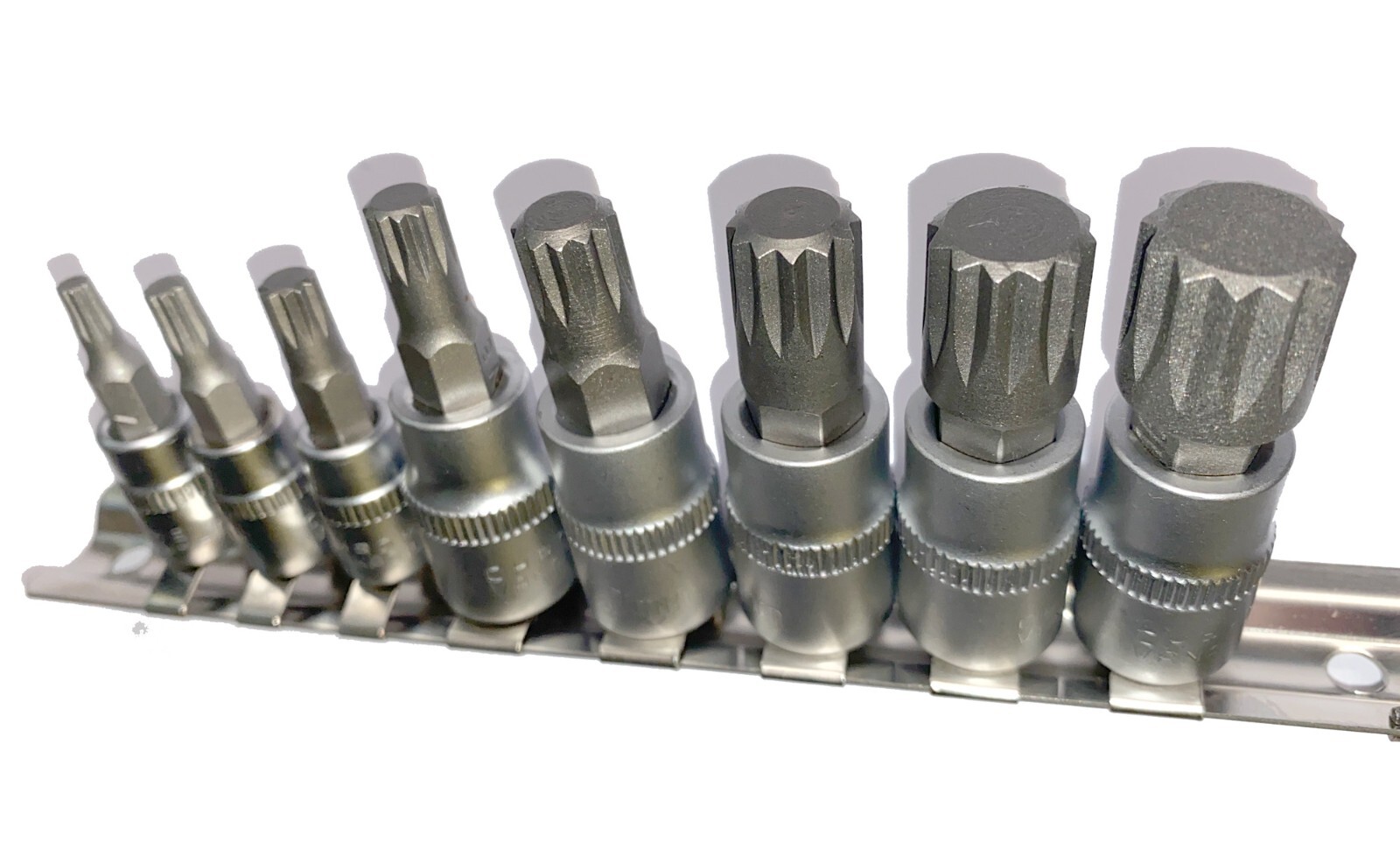 8pc Spline Socket Bit Set Chrome Vanadium BITS3/8″ & 1/4″d M4 M6 M8 M10 M14 M16