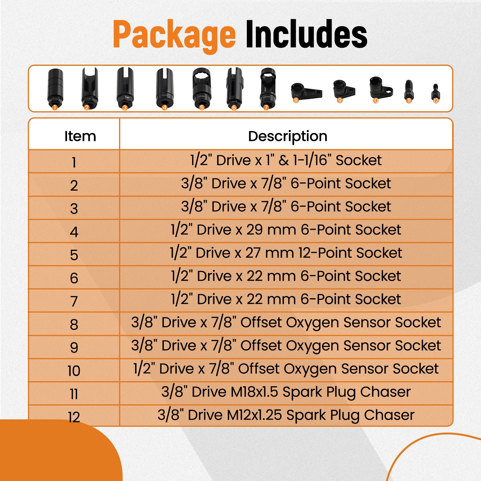 12pc Oxygen Sensor Tool Kit 1/2″ 3/8″ Drive 22-29mm Socket Spark Plug Chaser