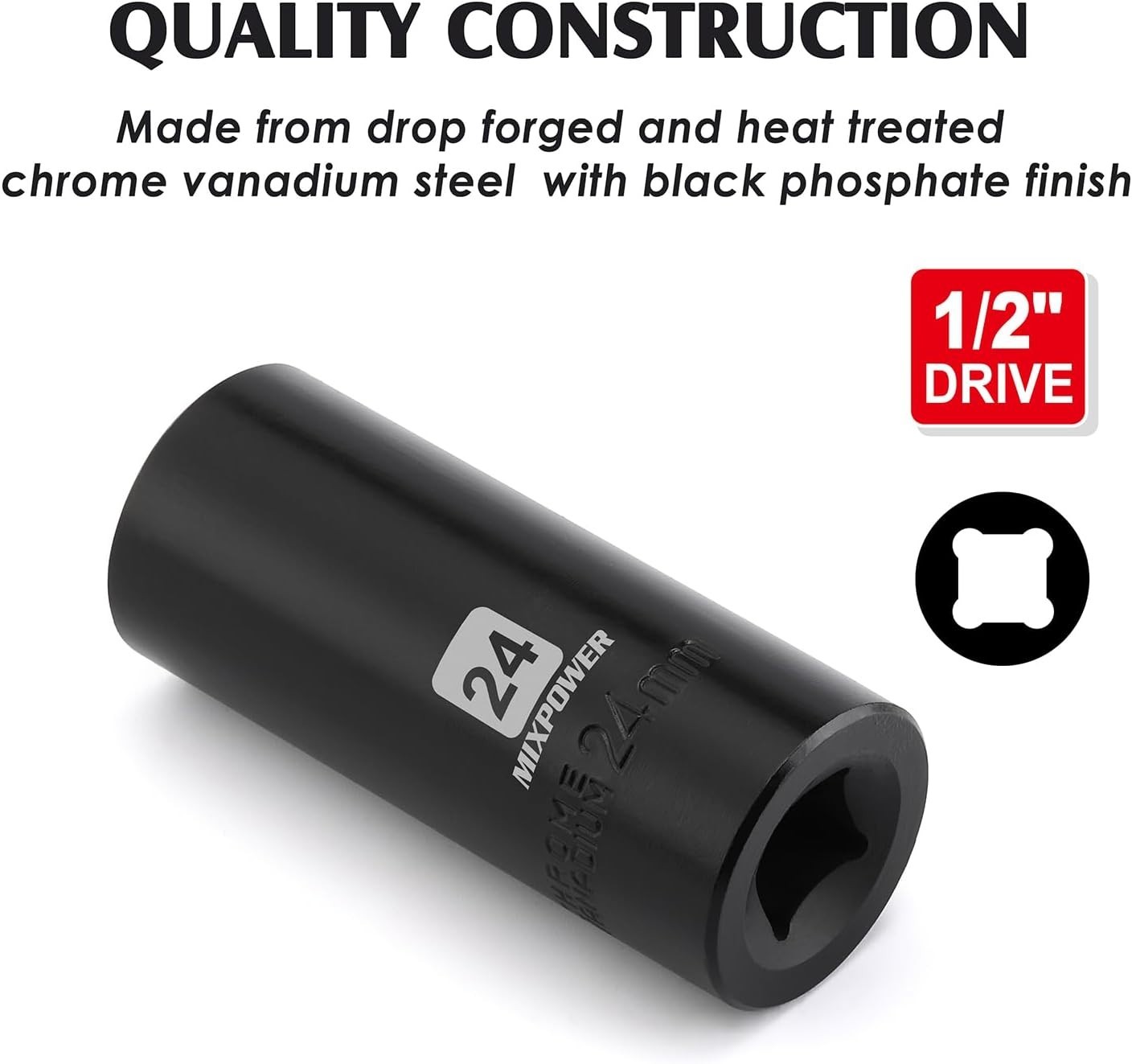 1/2-Inch Drive Impact Socket 24mm – Corrosion-Resistant CR-V 6 Point Design