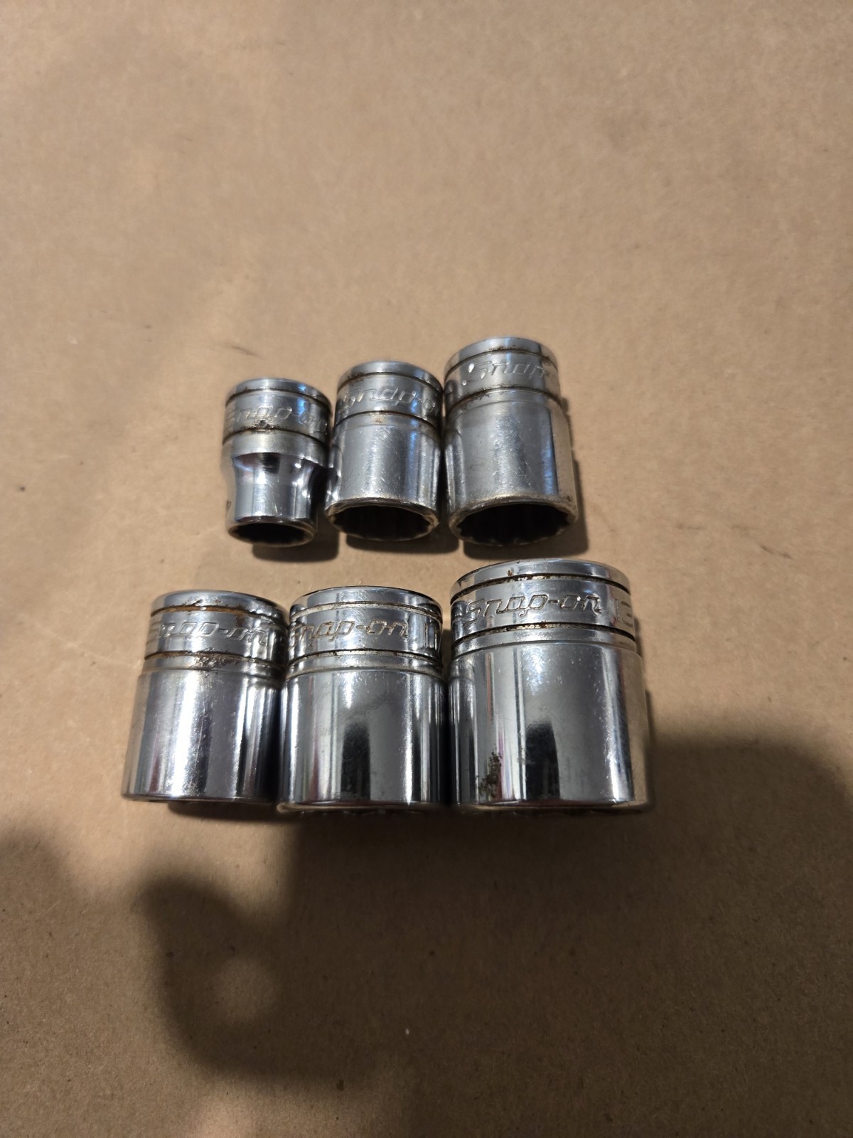 Snap On 3/8 Drive 3/8,1/2,9/16,5/8,11/16,13/16 12PT SAE Shallow Chrome Sockets