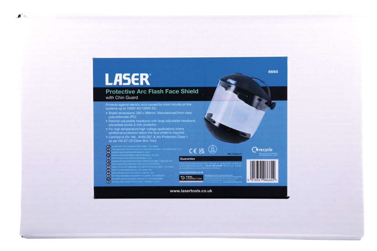 Laser Tools 8660 Protective Arc Flash Face Shield c/w Chin Guard – 1000V rated