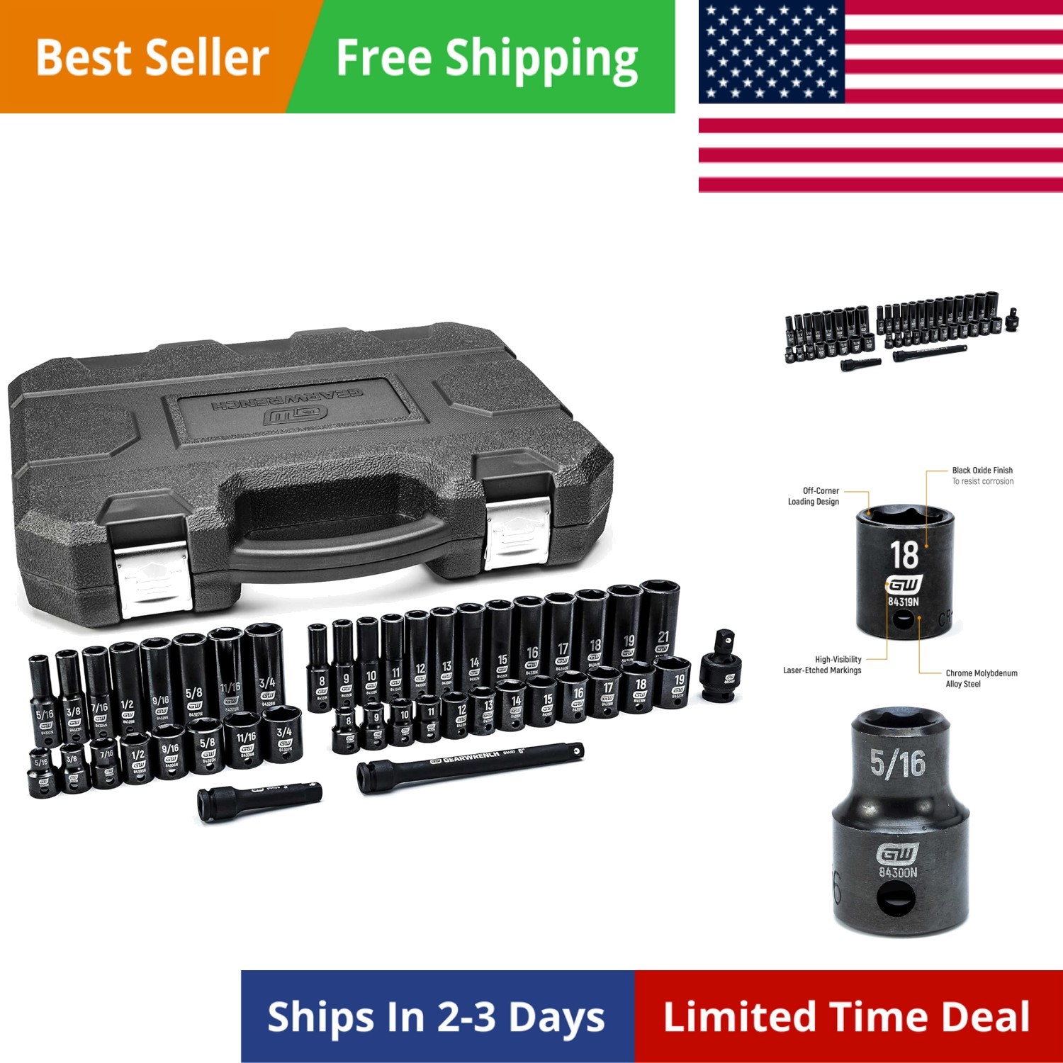 44 Pc. 3/8″ Drive 6 Point Standard & Deep Impact SAE/Metric Socket Set – 84916N
