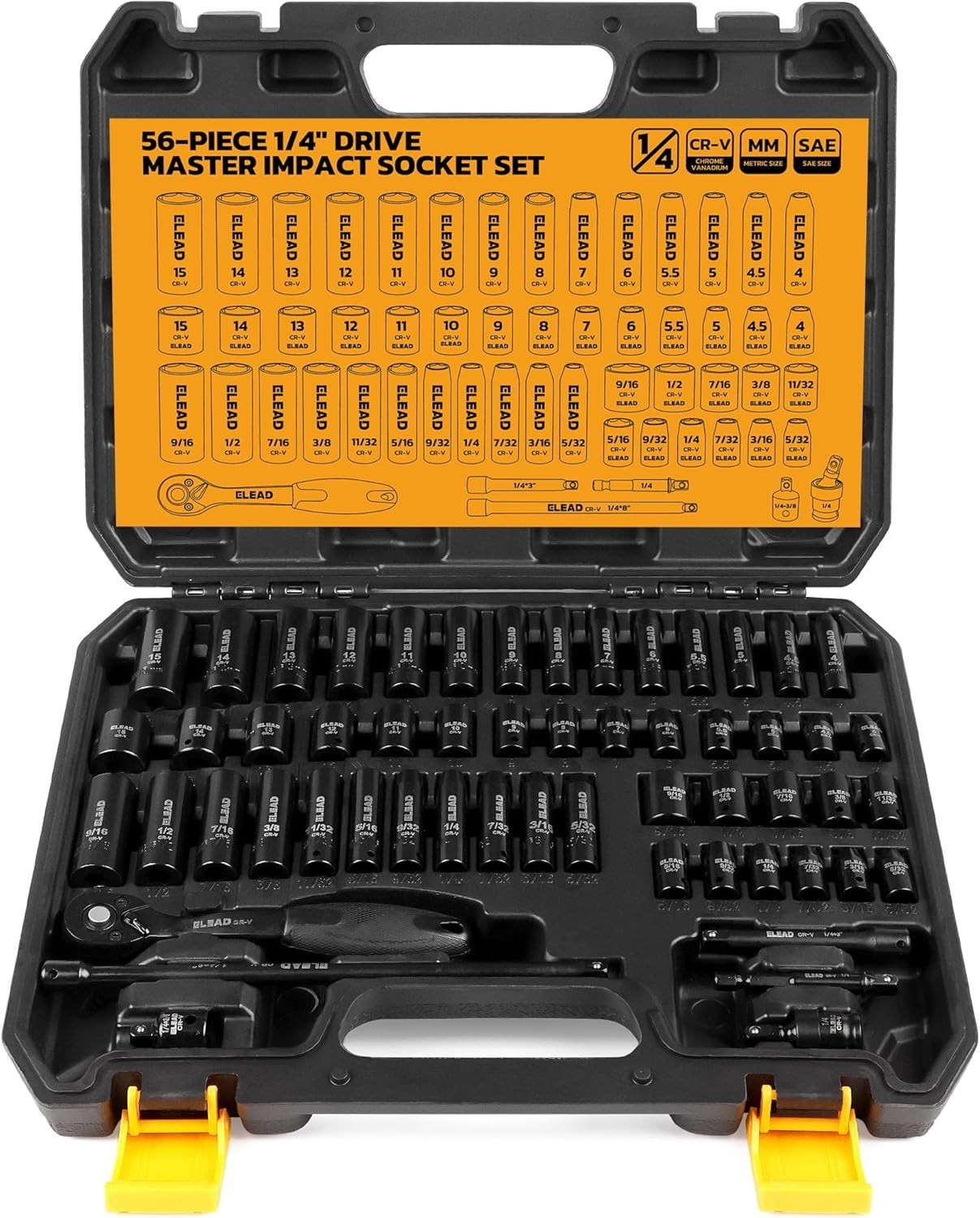 56pcs 1/4″ Drive Impact Socket Set with Case,SAE & Metric,Deep & Shallow,6-Point