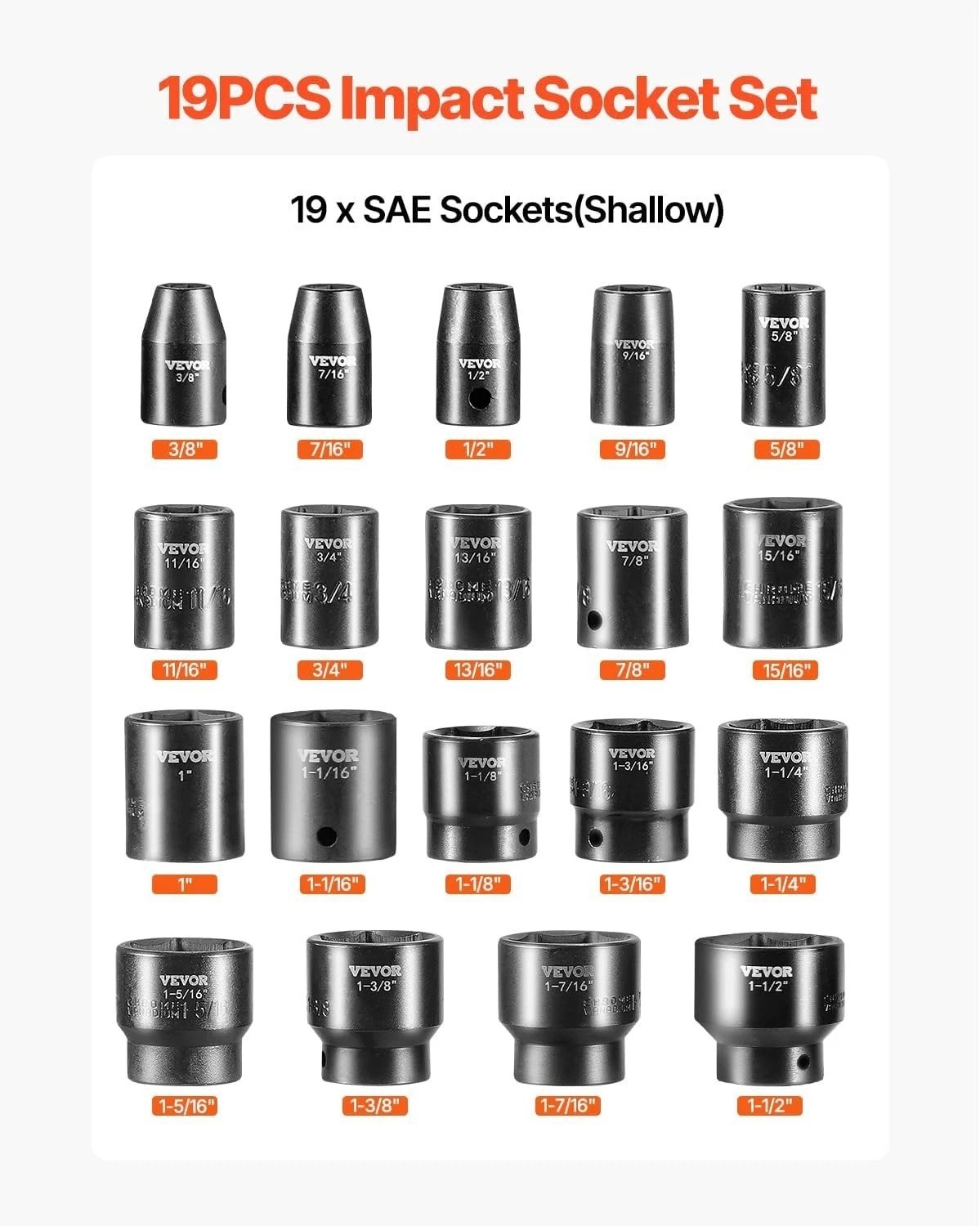 Vevor Impact Socket Set 1/2 Inches 19 Piece SAE Hex Impact Sockets