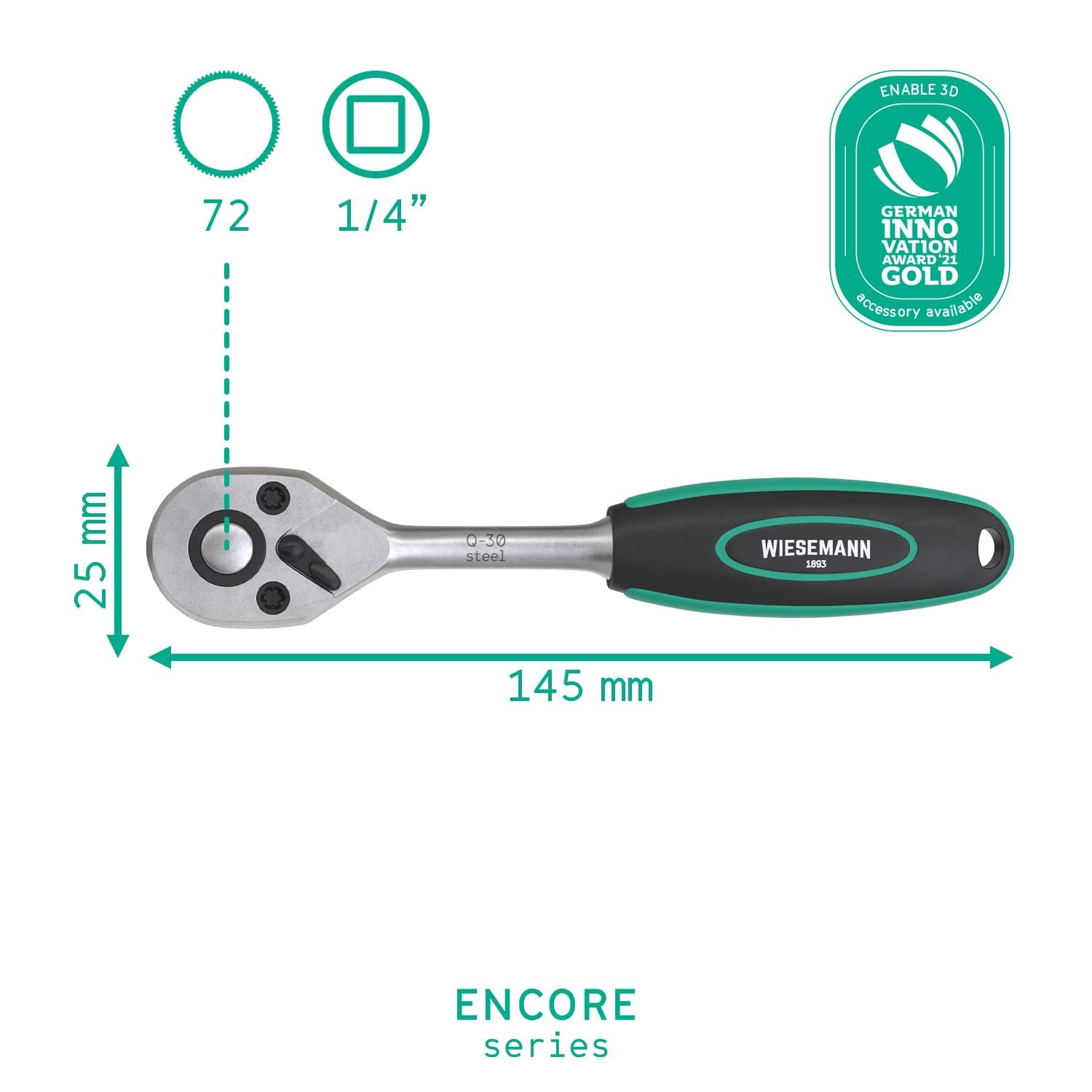 WIESEMANN 1893 Reversible 1/4» Ratchet with 72 Teeth – Chrome-Plated Steel