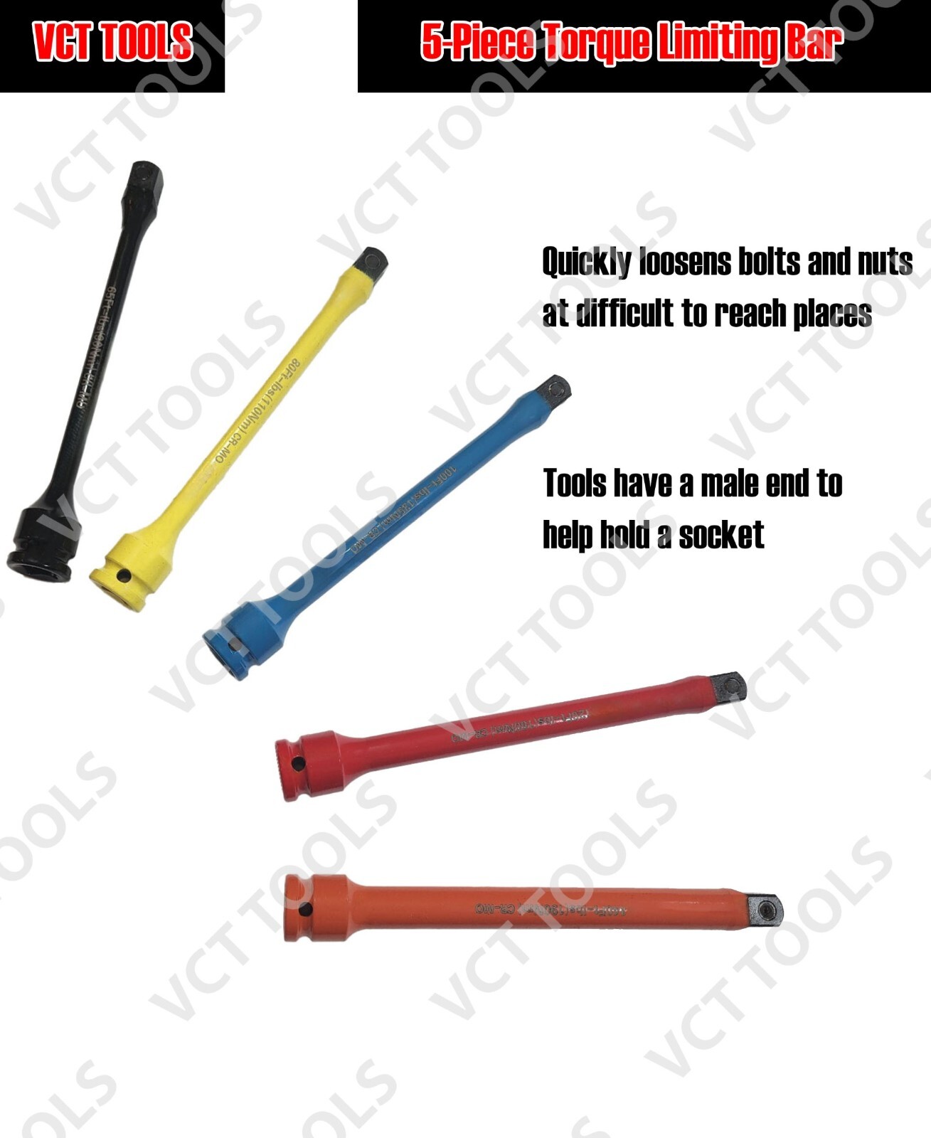 5 PC 1/2″ DR. TORQUE EXTENSION BAR STICK COLOR & LETTER