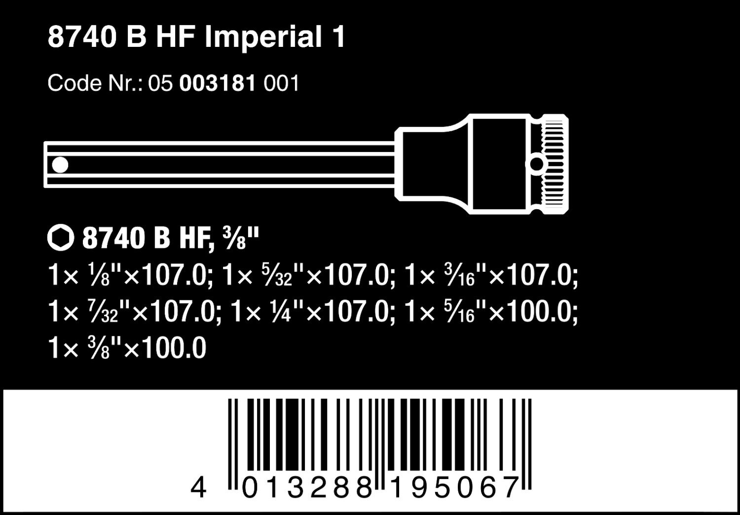 05003181001 8740 B Hf Imperial 1 Zyklop Bit Socket Set With Holding Function 3/8