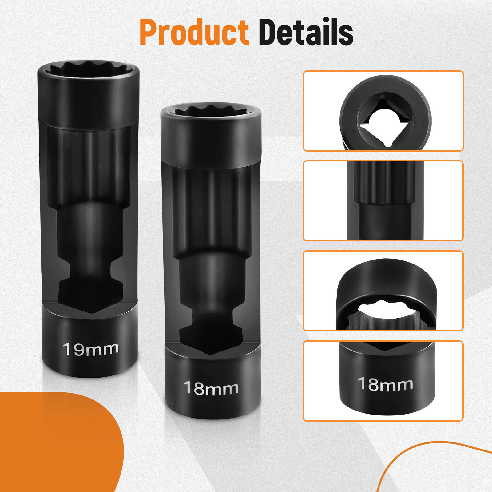 5pcs Strut Nut Socket Tool 18mm 19mm 21mm-22mm 24mm with 12 Point 1/2″ Drive