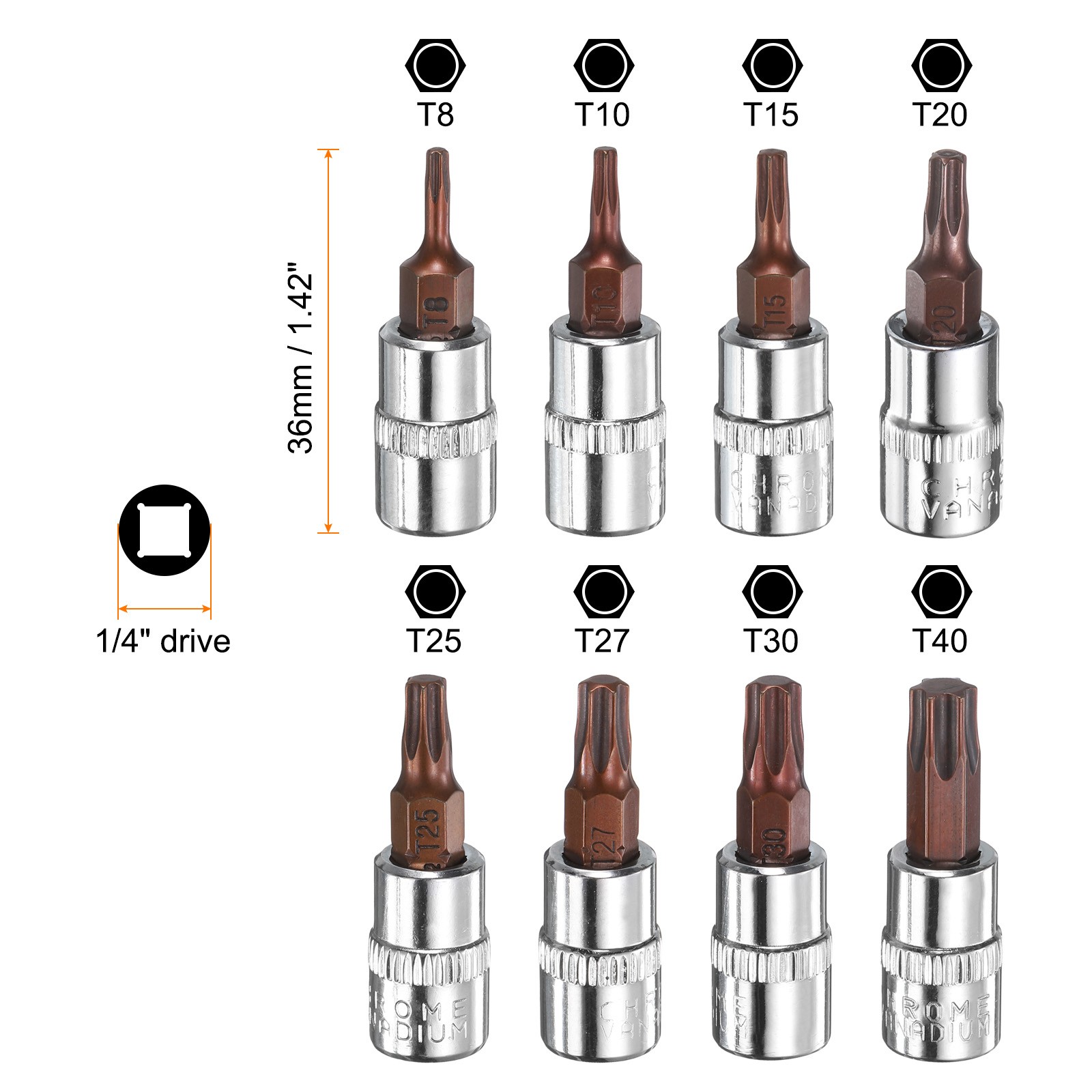 «8pcs T8-T40 Torx Socket Set for 1/4″ Impact Bit Extension Drive, Red»