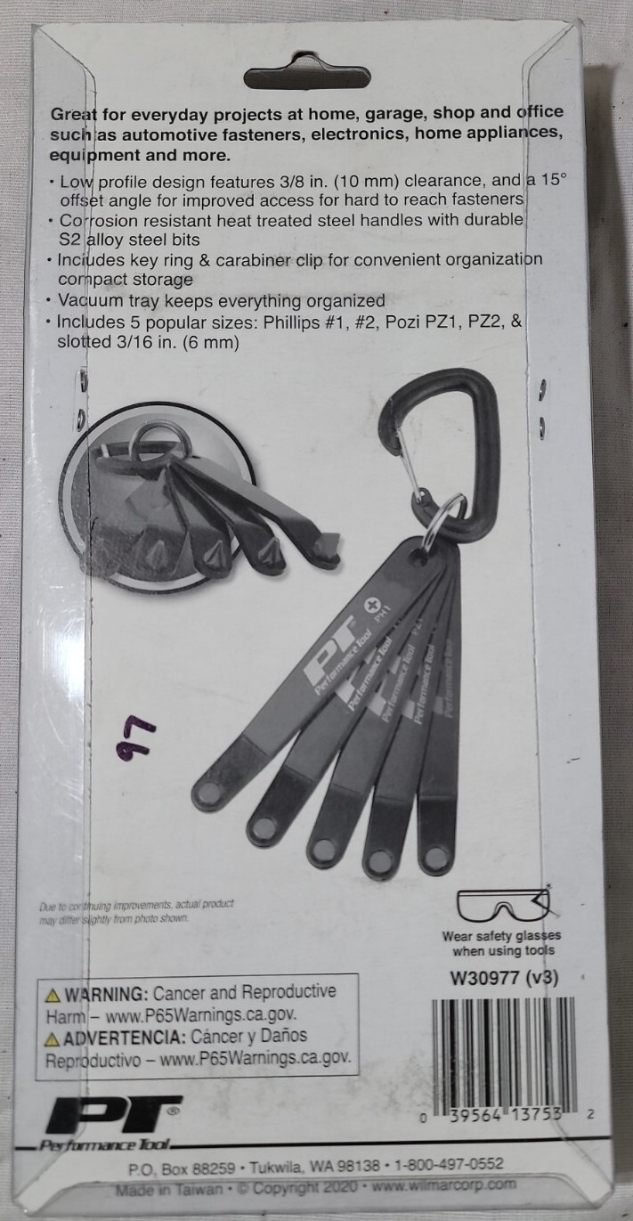 NEW!! Performance Tool 5-Pc Low-Profile Screwdriver Set