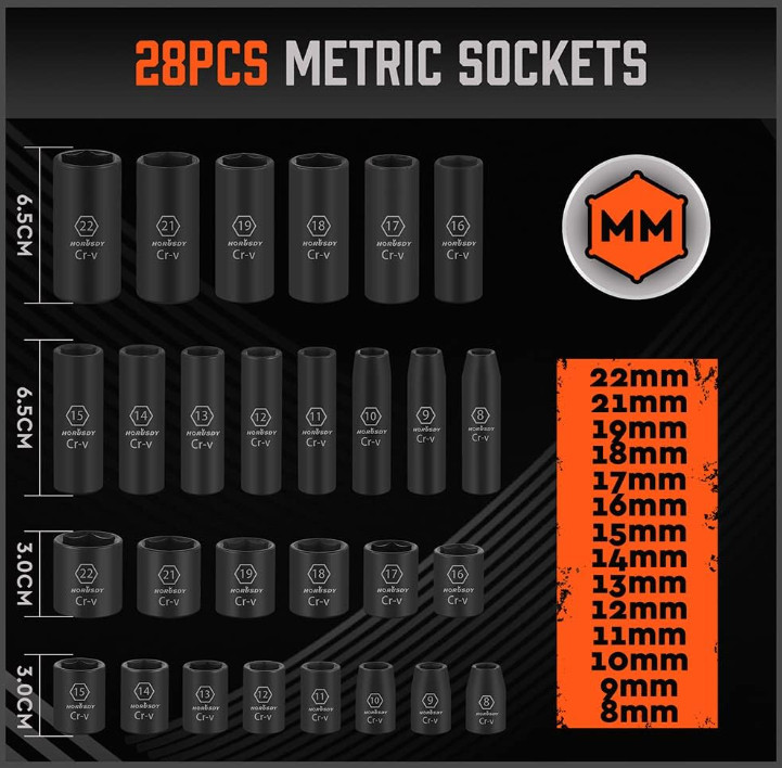 3/8″ Drive Impact Socket Set, 50PC SAE & Metric 6-Point, Ratchet & Extensions
