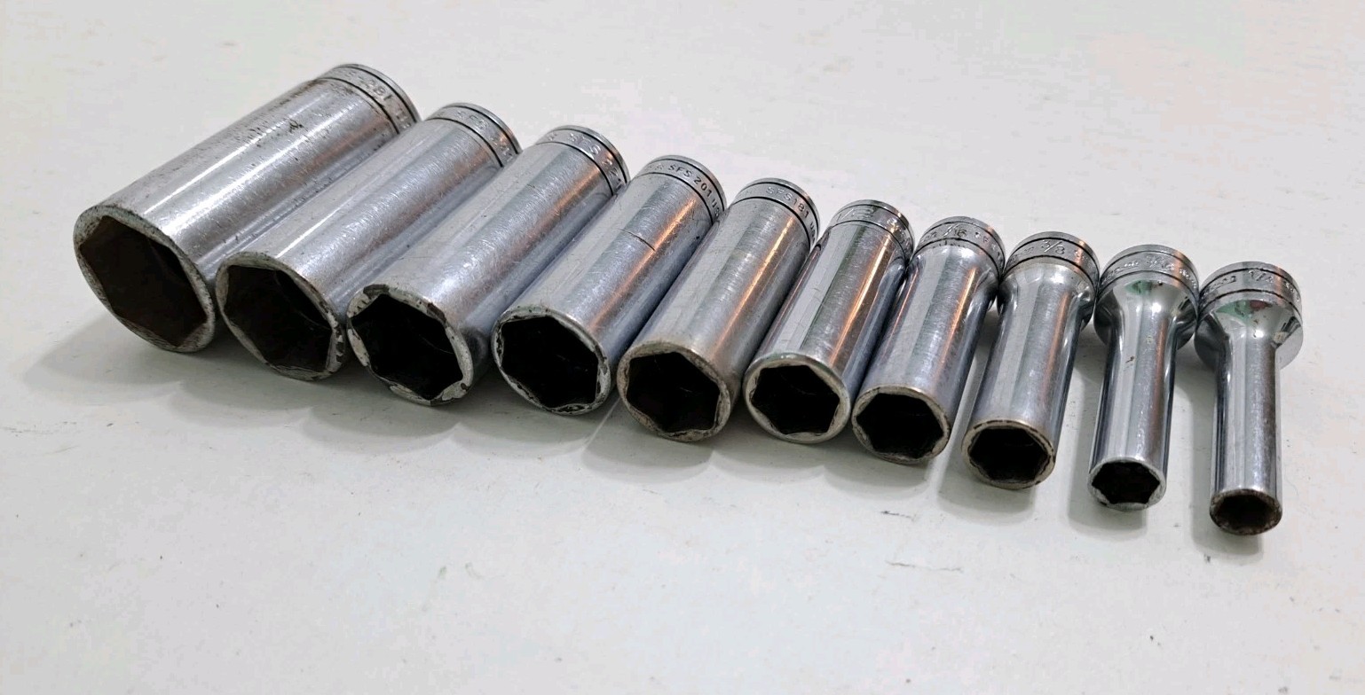 Snap On Set of 10 3/8 Drive 6pt SAE Sockets 7/8 3/4 11/16 5/8 9/16 1/2 7/16 SFS