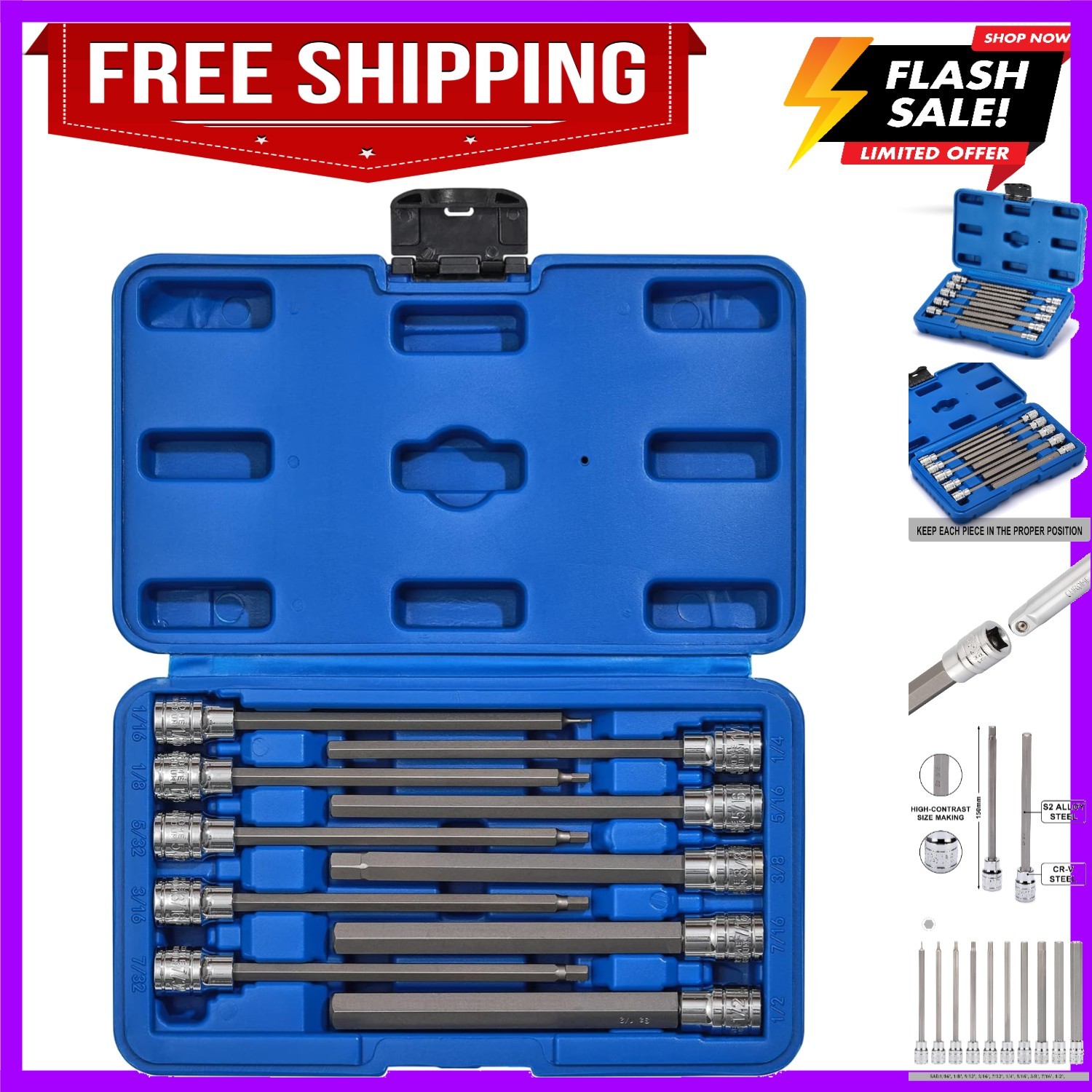 10PCS 3/8″ Drive Long Hex Bit Socket Set, CR-V, S2 Steel, SAE, Length 5.9-Inc…