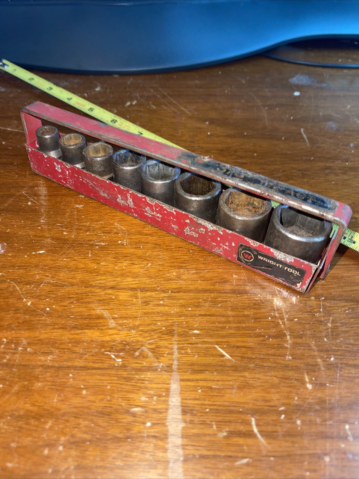 Vintage Wright Tools USA 8 Piece 3/8 Drive SAE 6 point impact socket Set Case