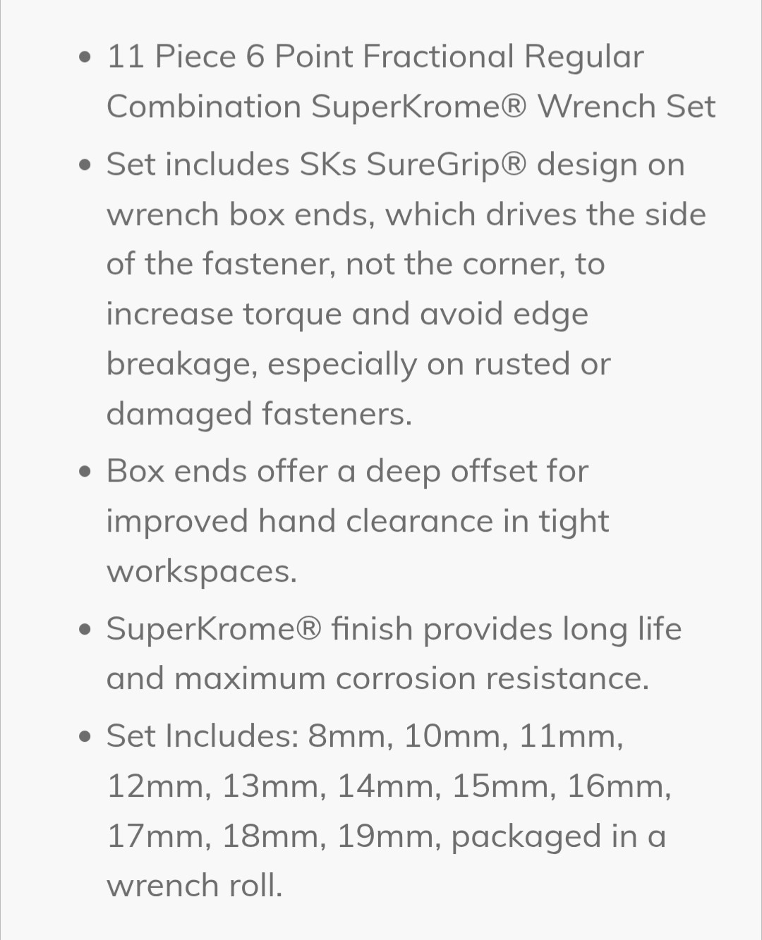 SK Professional Tools 11 Piece 6 Point Metric Wrench Set – SuperKrome