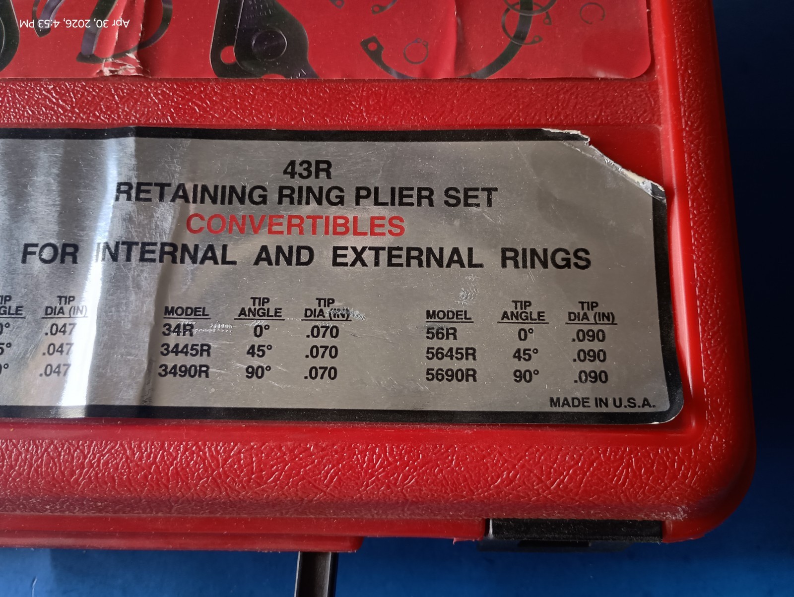 Milbar, #43R Retaining Ring Plier Set Convertibles ( Int/Ext), Set of 12