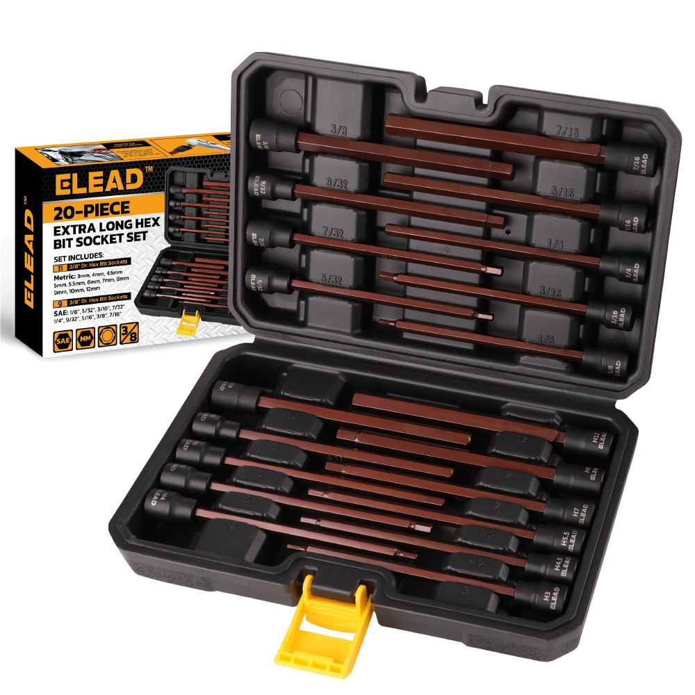 20Pcs 3/8inch Drive Long Hex Bit Socket Set SAE & Metric Allen Socket S2 Steel
