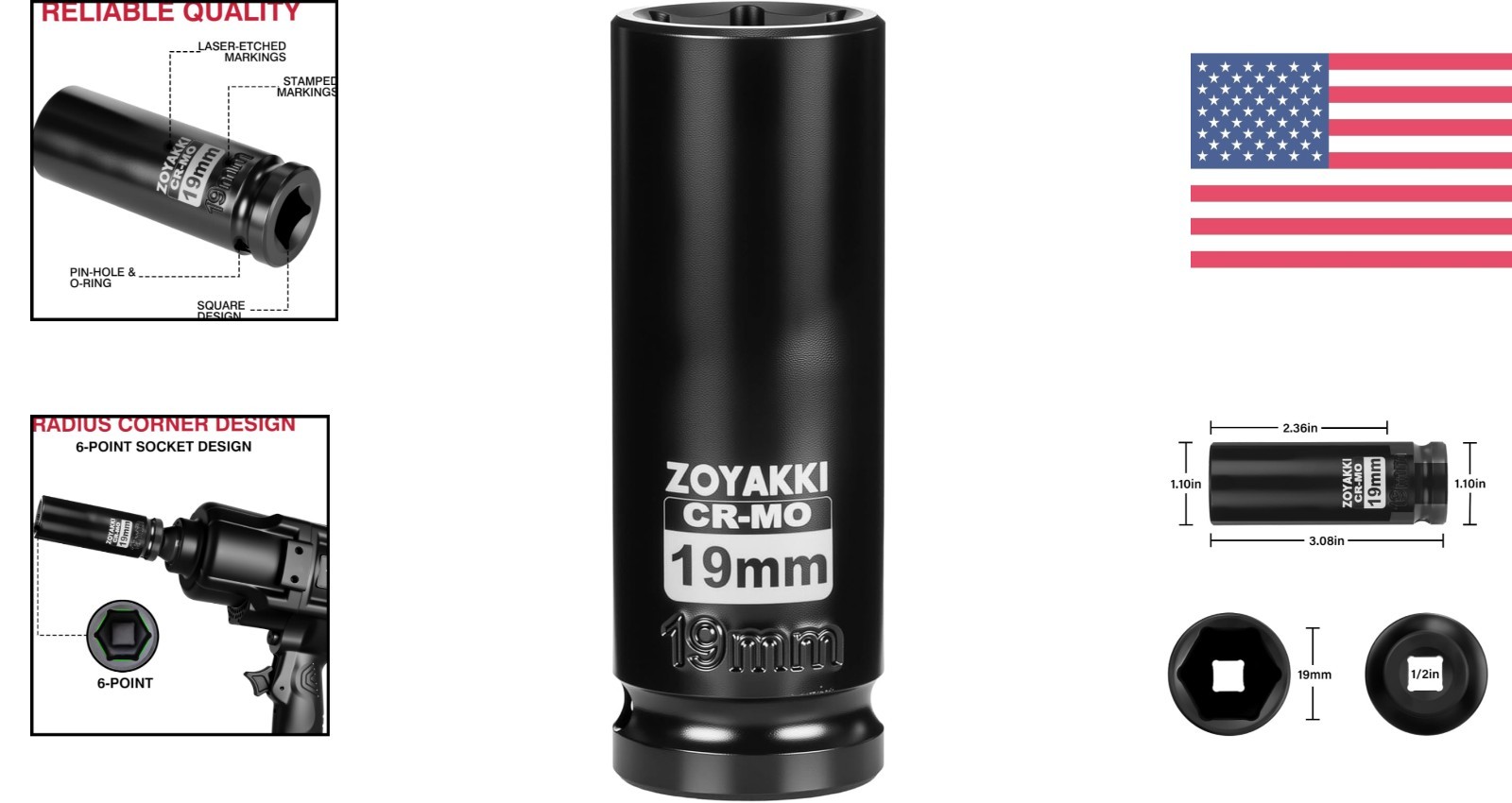 Durable 1/2″ Drive 19mm Deep Socket – Black Phosphate Finish, High Compatibility
