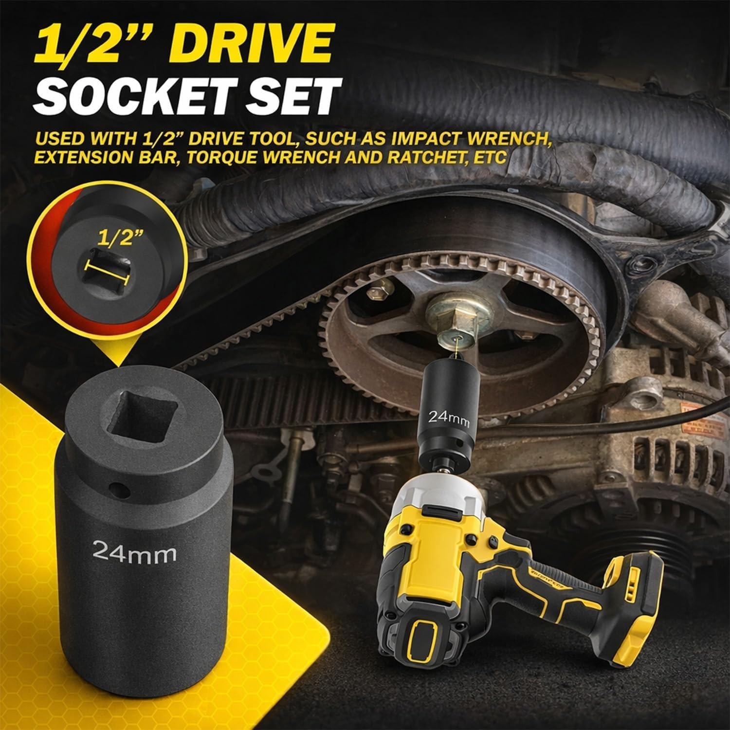 NEW Weighted Crank Bolt Socket Set 1/2″ Drive Metric Impact Socket Kit 17–27mm