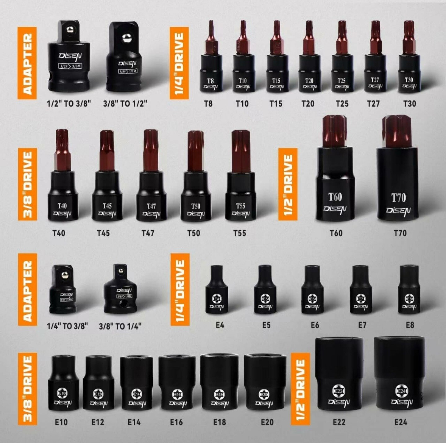 New DISEN 31pc Impact Torx Bit Socket and Female External Socket Set, CR-V Steel