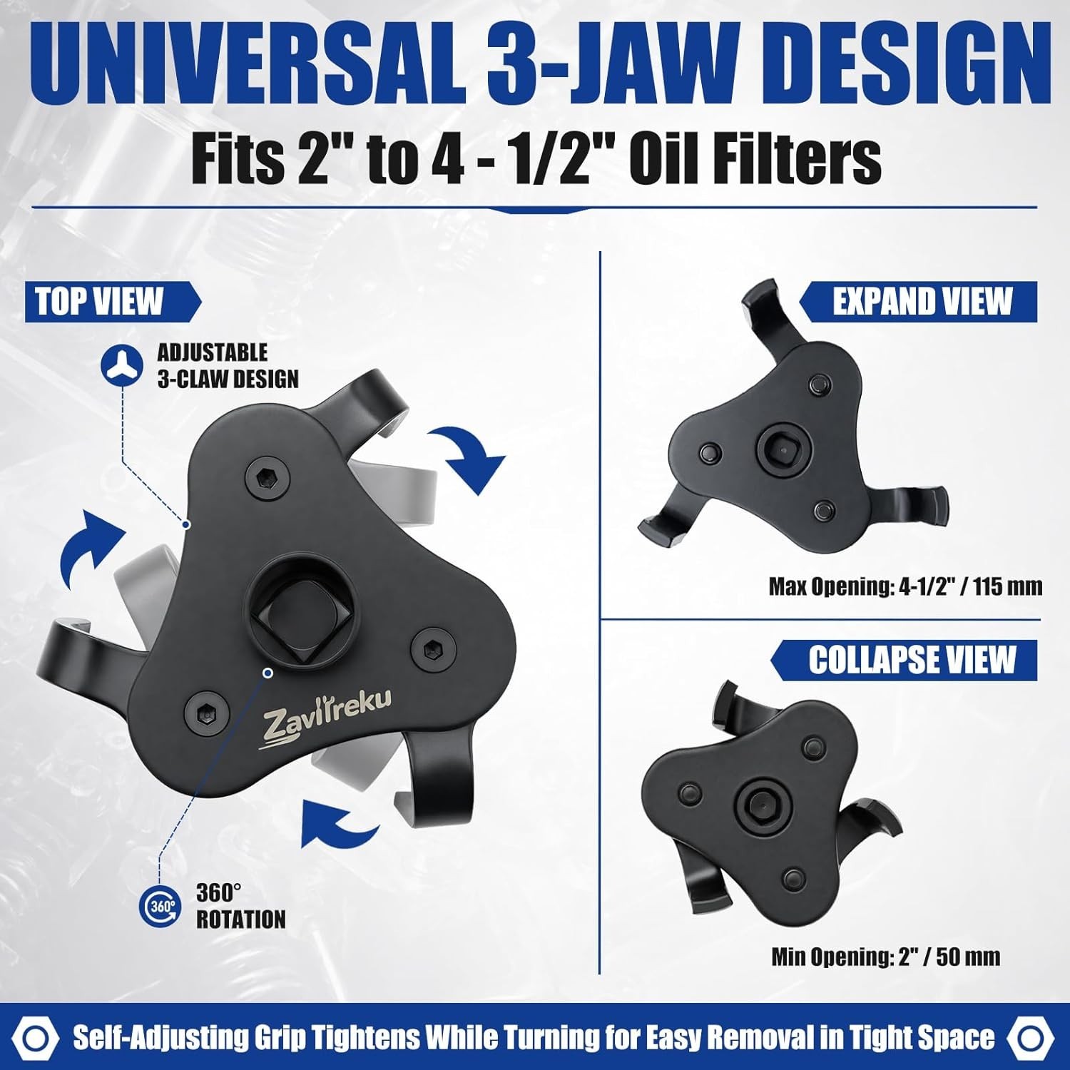Universal Oil Filter Wrench Adjustable, Heavy Duty 3-Jaw Oil Filter Removal T…
