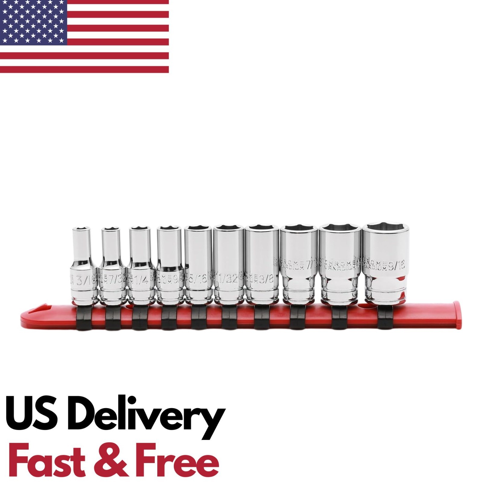 10PCS 1/4″ Drive SAE Socket Set 6 Point Semi-Deep 3/16″-9/16″ CR-V Steel w/ Rail
