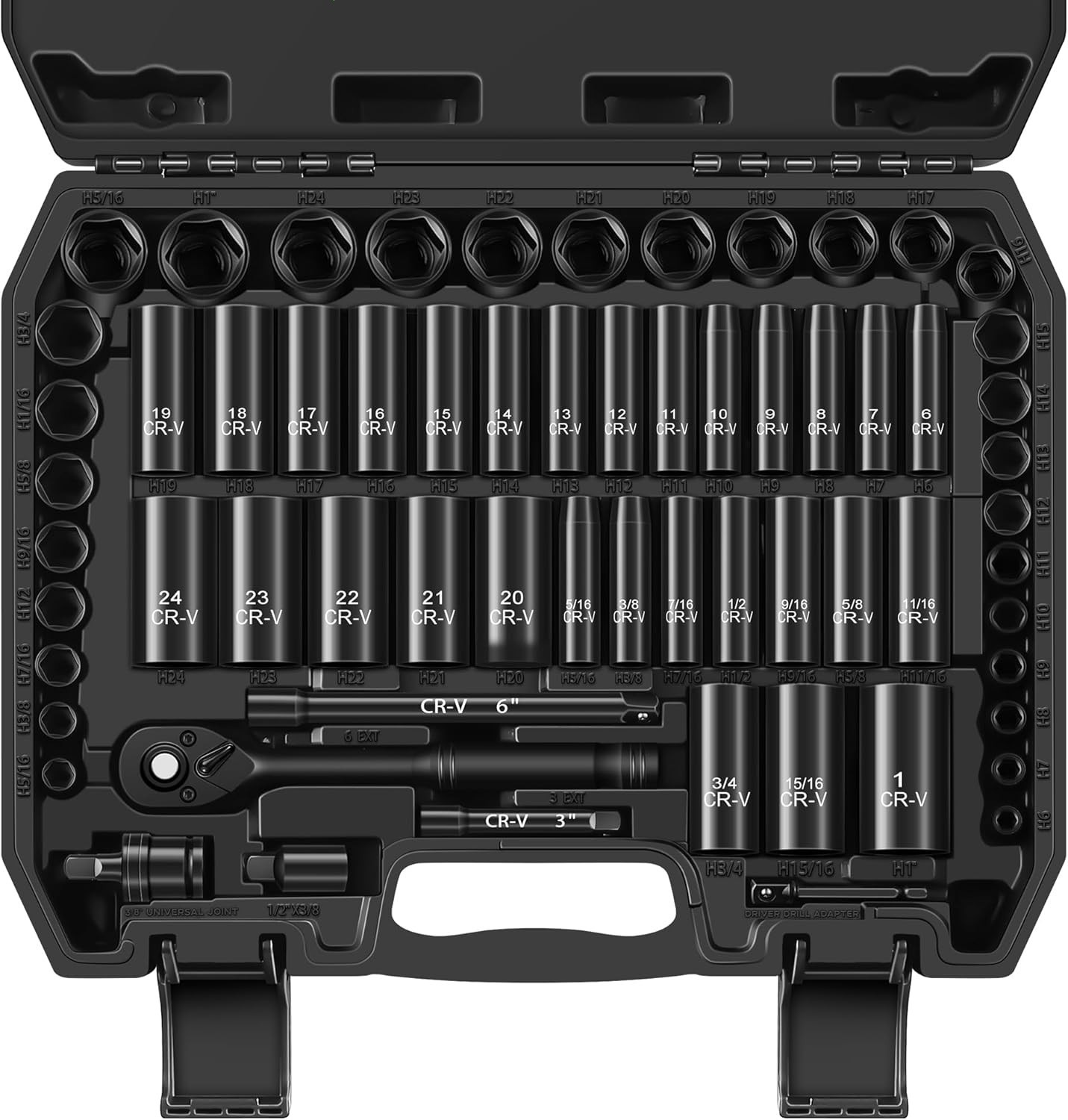 3/8in Drive Impact Socket Set 64PC SAE Metric Deep Shallow Ratchet