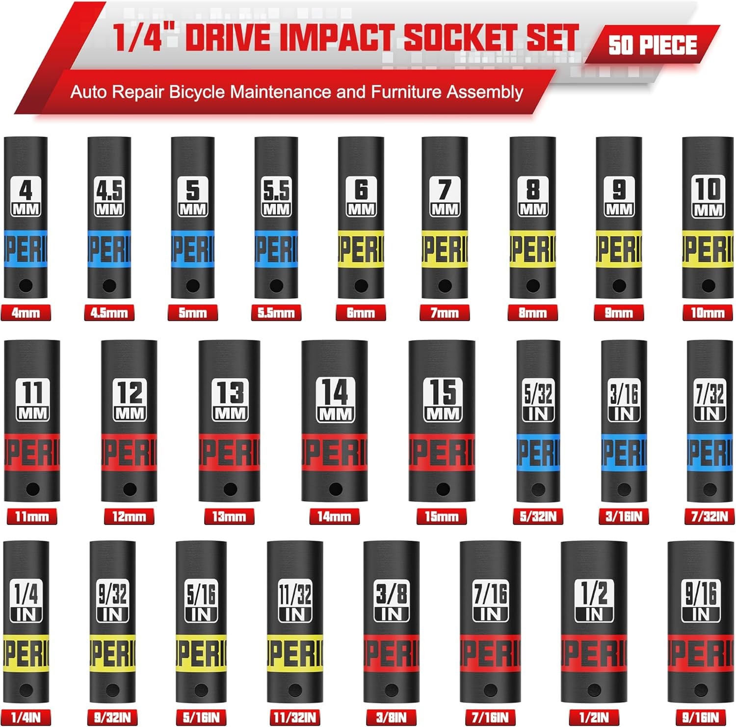 50pc 1/4″ Drive Impact Socket Set SAE & Metric Deep/Shallow 4-15mm 5/32-9/16
