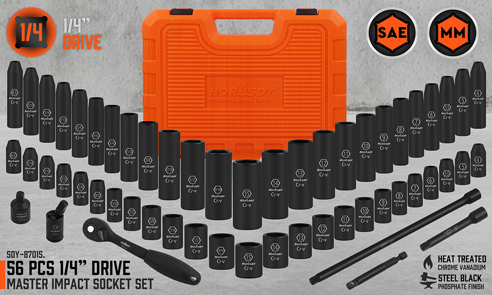 56PC 1/4″ Drive Impact Deep Socket Set Extension Bar Universal Joint SAE Metric