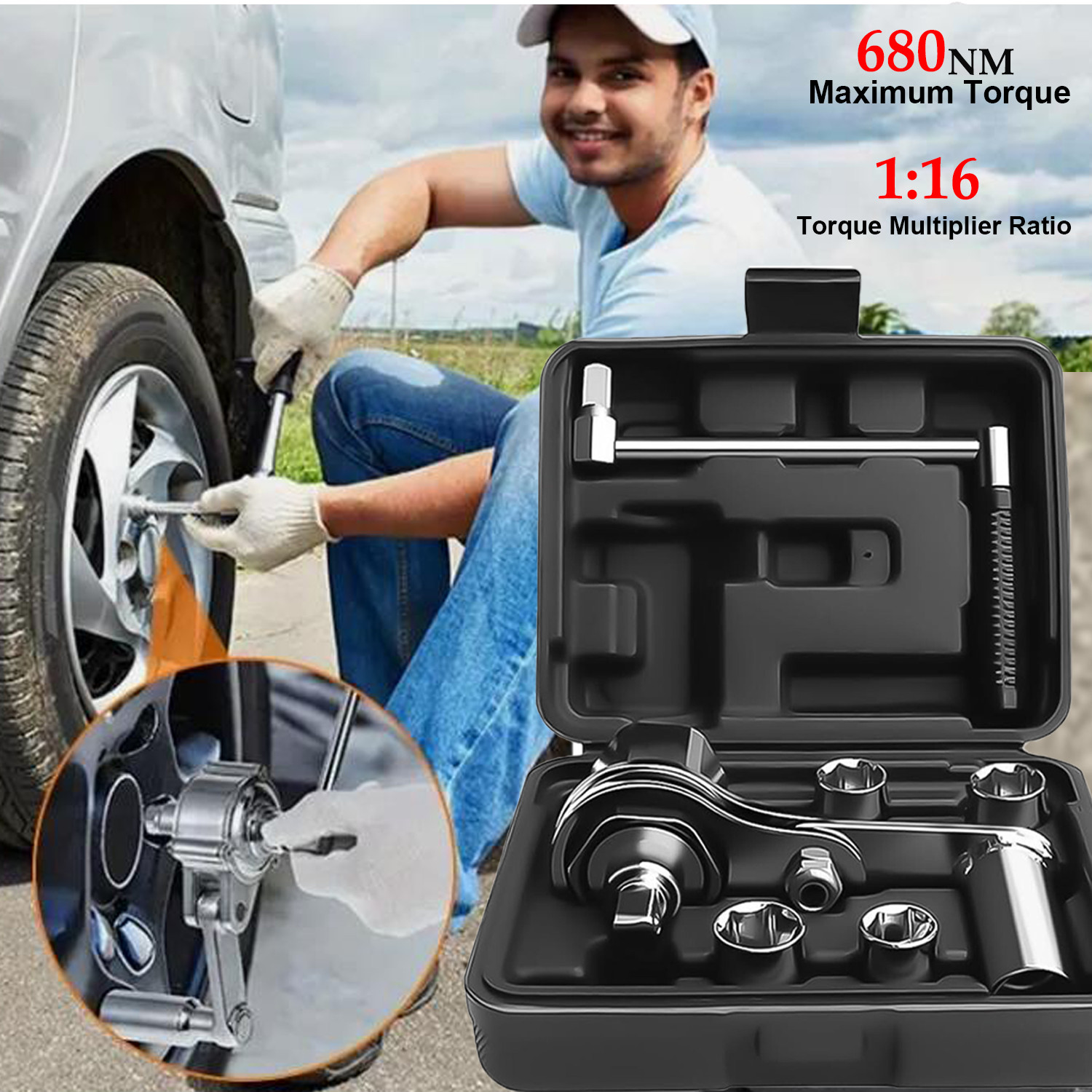 1/2″ Torsional Torque Multiplier Wrench Lug Nut Remover 17/19/21/22mm Tire Tool