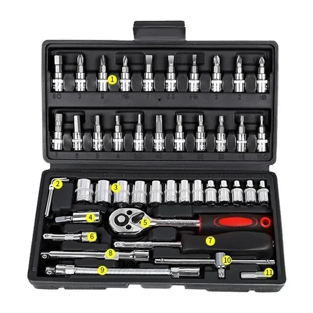46pcs Car Repair Tool Kit 1/4″ Socket Set Ratchet Torque Wrench Mechanic Tools