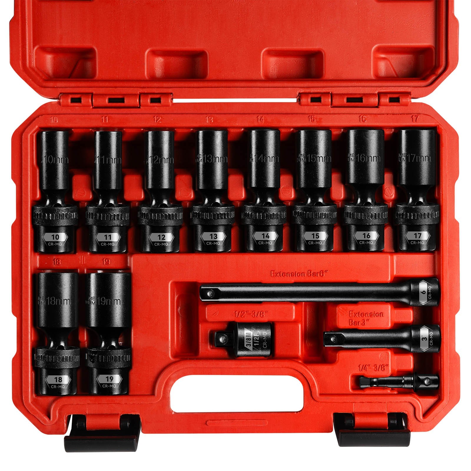 3/8″ Drive Swivel Socket Set, 14-Pcs Metric Size (10-19mm) , Deep Socket Set