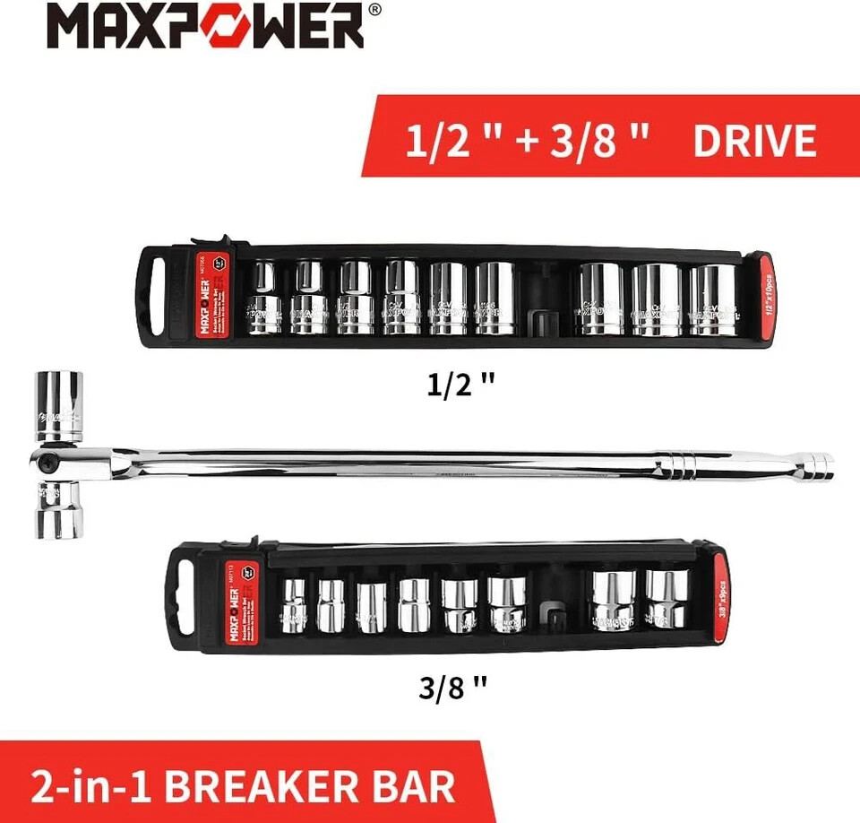 Dual-Drive 18″ Breaker Bar Flex Handle 1/2″ & 3/8″ Phosphated Drive Tool