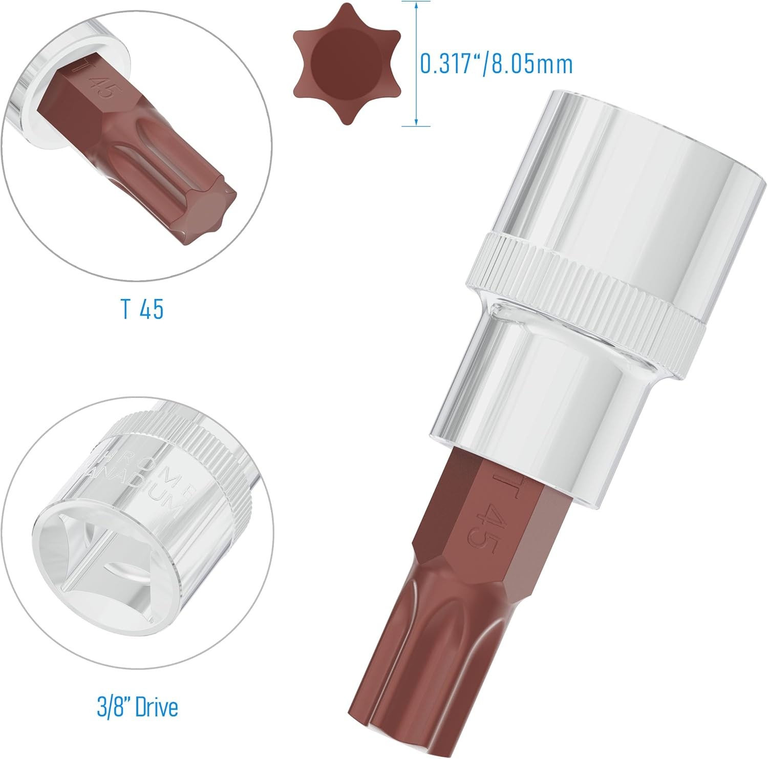 2PCS 3/8″ Drive T45 Torx Bit Socket, S2 Steel Bits, T45, Silver, Dark Red