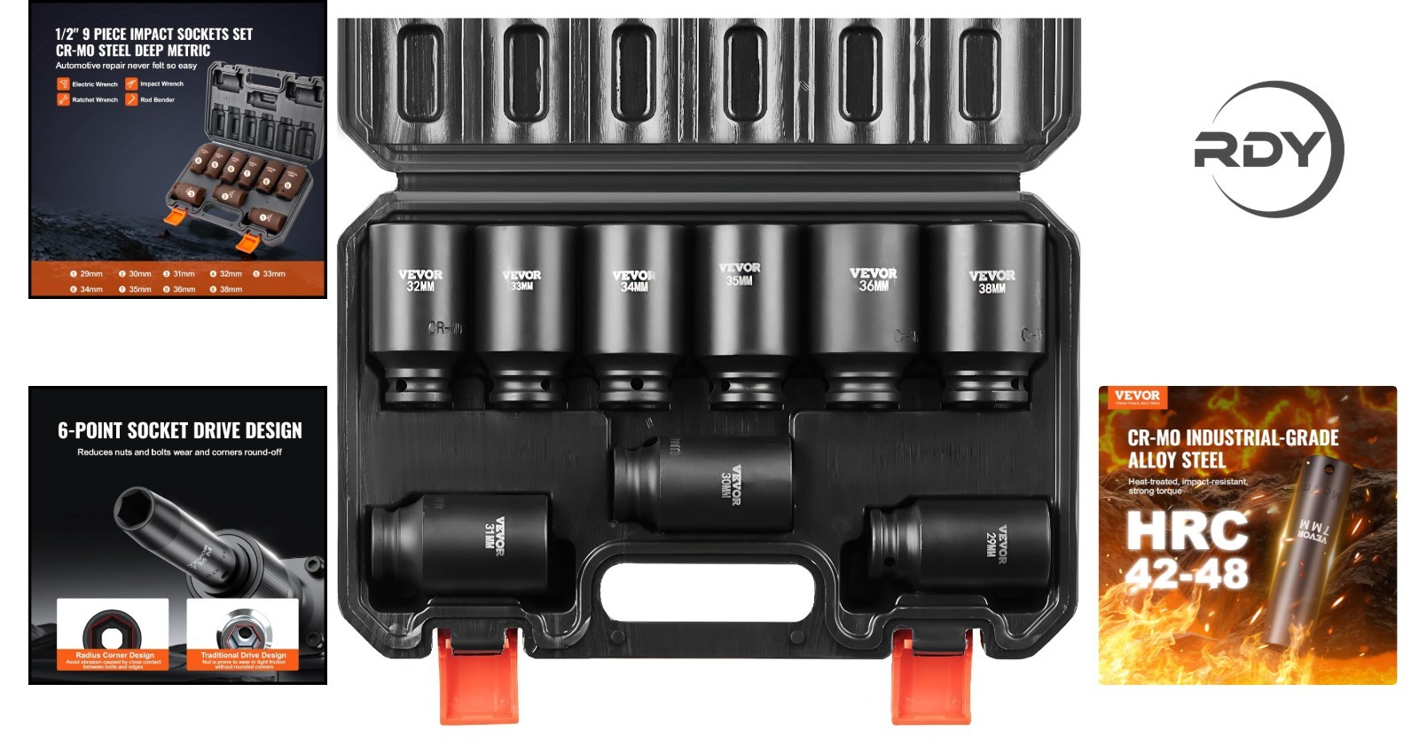 9-Piece 1/2″ Drive Metric Impact Socket Set – Durable Cr-Mo Steel & Toolbox