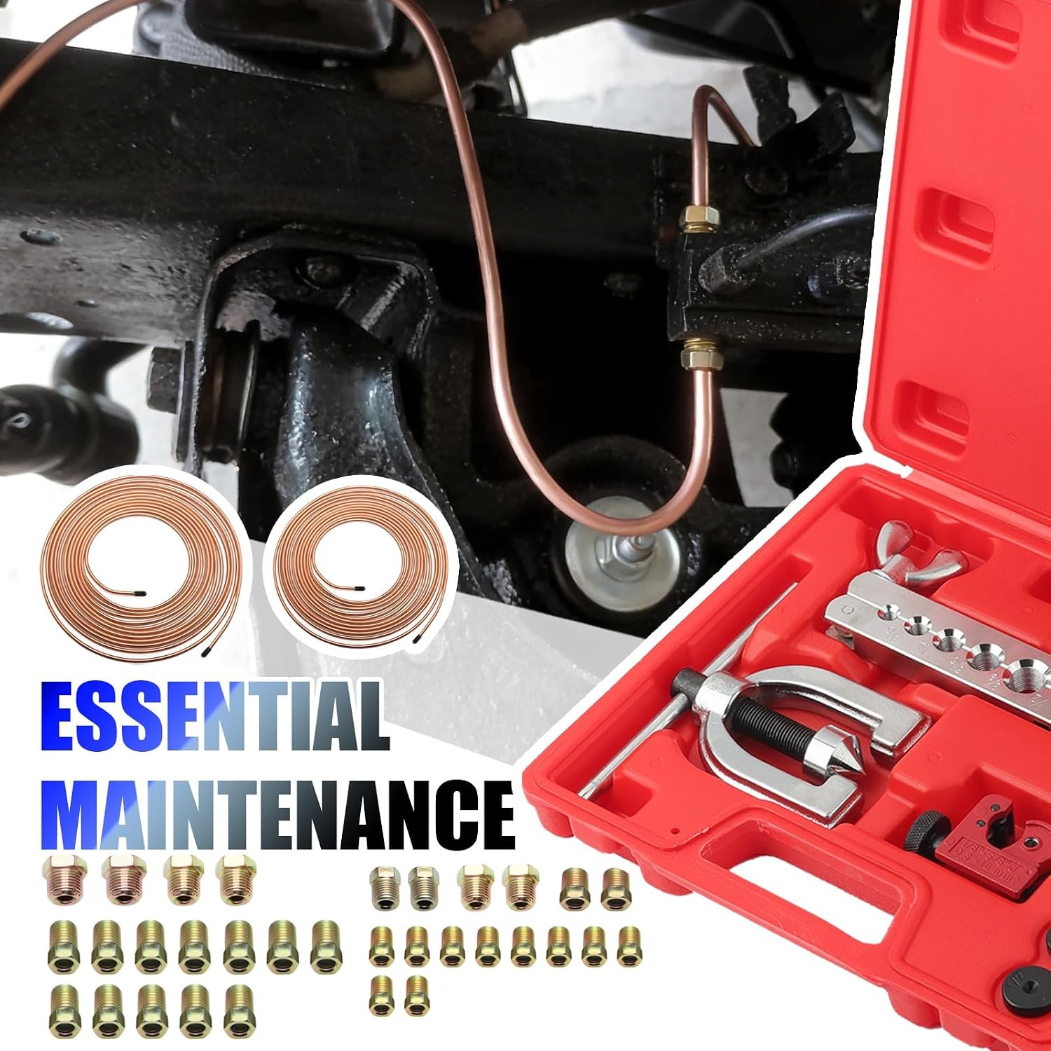 Brake Line Repair Kit 3/16 + 1/4 25 FT Copper Pipe Flaring Tool 32 Nuts Fittings