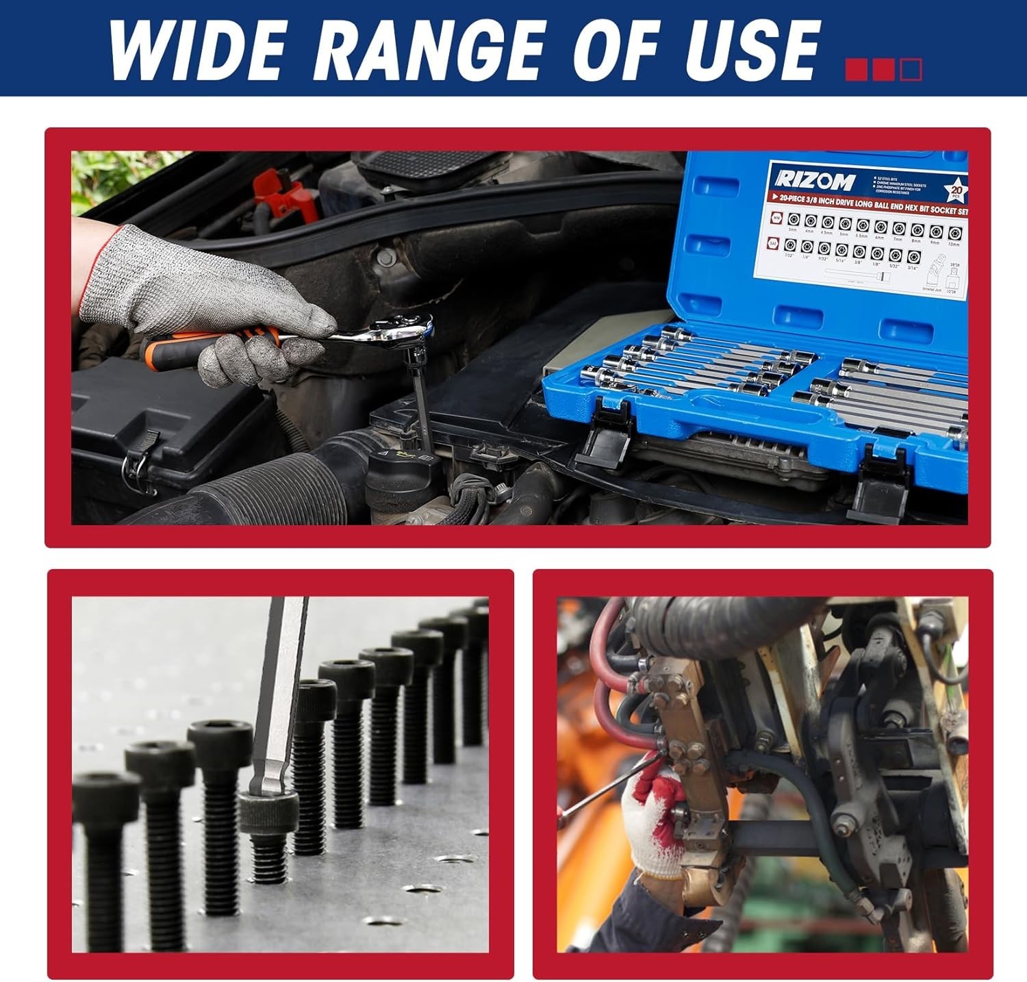 20-Piece Long Ball End Hex Bit Socket Set SAE & Metric 3/8 Inch Drive