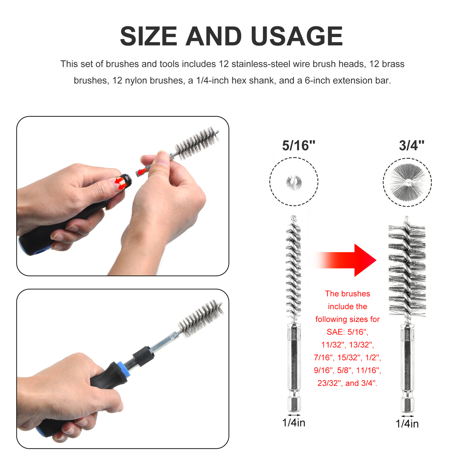1/4″ Hex Shank Long Ext 38pc Industrial Wire Brush Set Stainless Steel Nylon