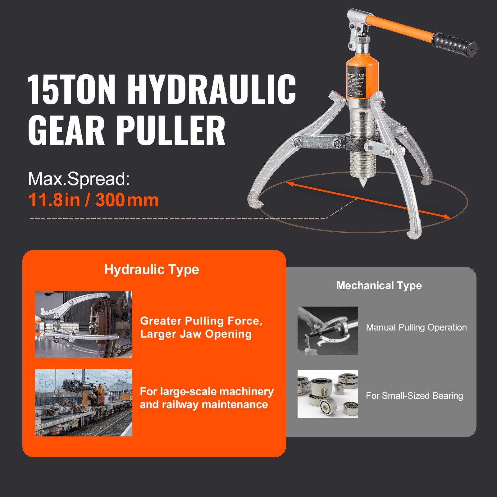 VEVOR Hydraulic Gear Puller 15 Ton Wheel Pulley Bearing 2 or 3-Jaw with Case