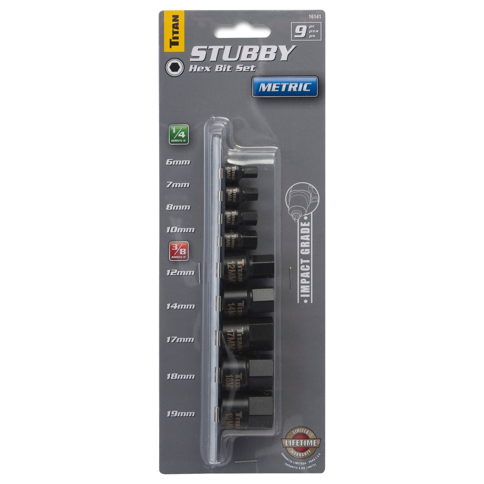 Titan 16141 9-pc 1/4 & 3/8 In Stubby Metric Hex Bit Socket Set