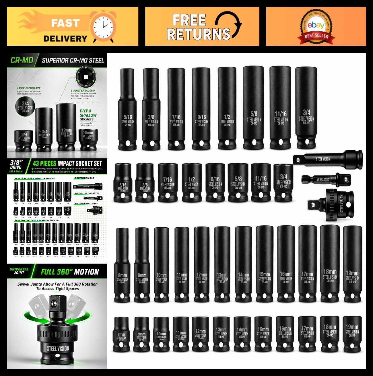 43-Pc Impact Socket Set – SAE & Metric 6-Point Deep/Shallow, Chrome-Moly Steel,