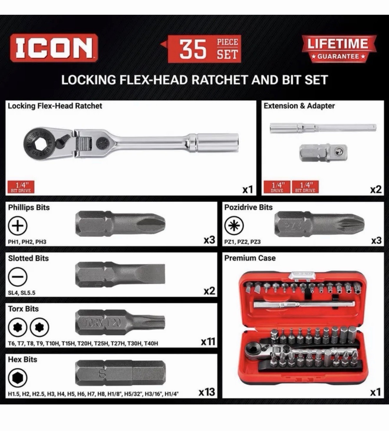 ICON Locking Flex Head Ratchet and Bit Set 35 Pc Mini Meme Tool 1/4 Drive 58074
