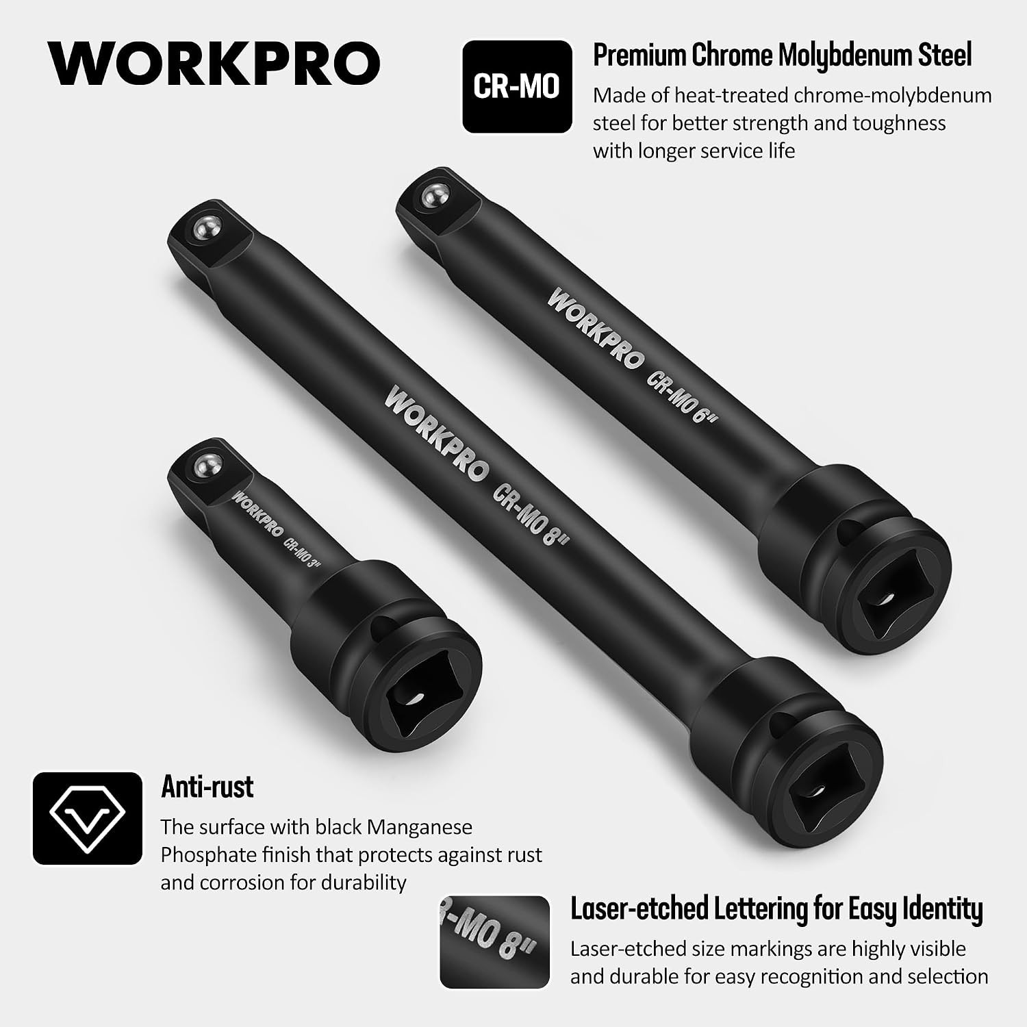Durable 1/2-Inch Drive Extension Set – 3 Pieces with Manganese Phosphate Finish