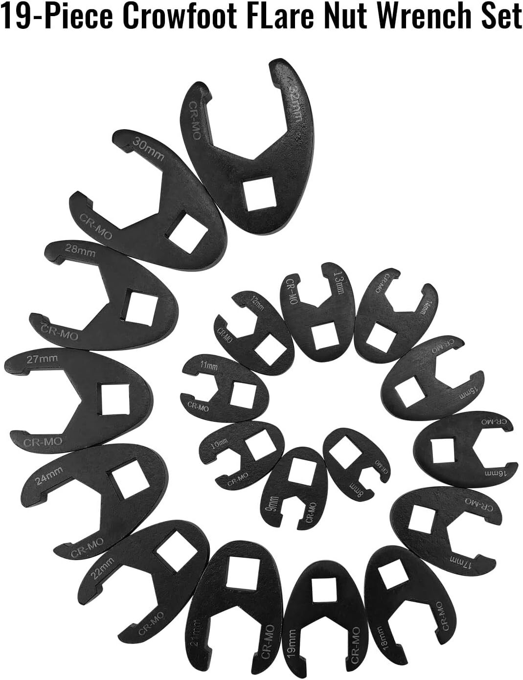 19PCS Flare Nut Crowfoot Wrench Set Metric Crows Foot Wrench Kit 3/8″ 1/2″ Drive